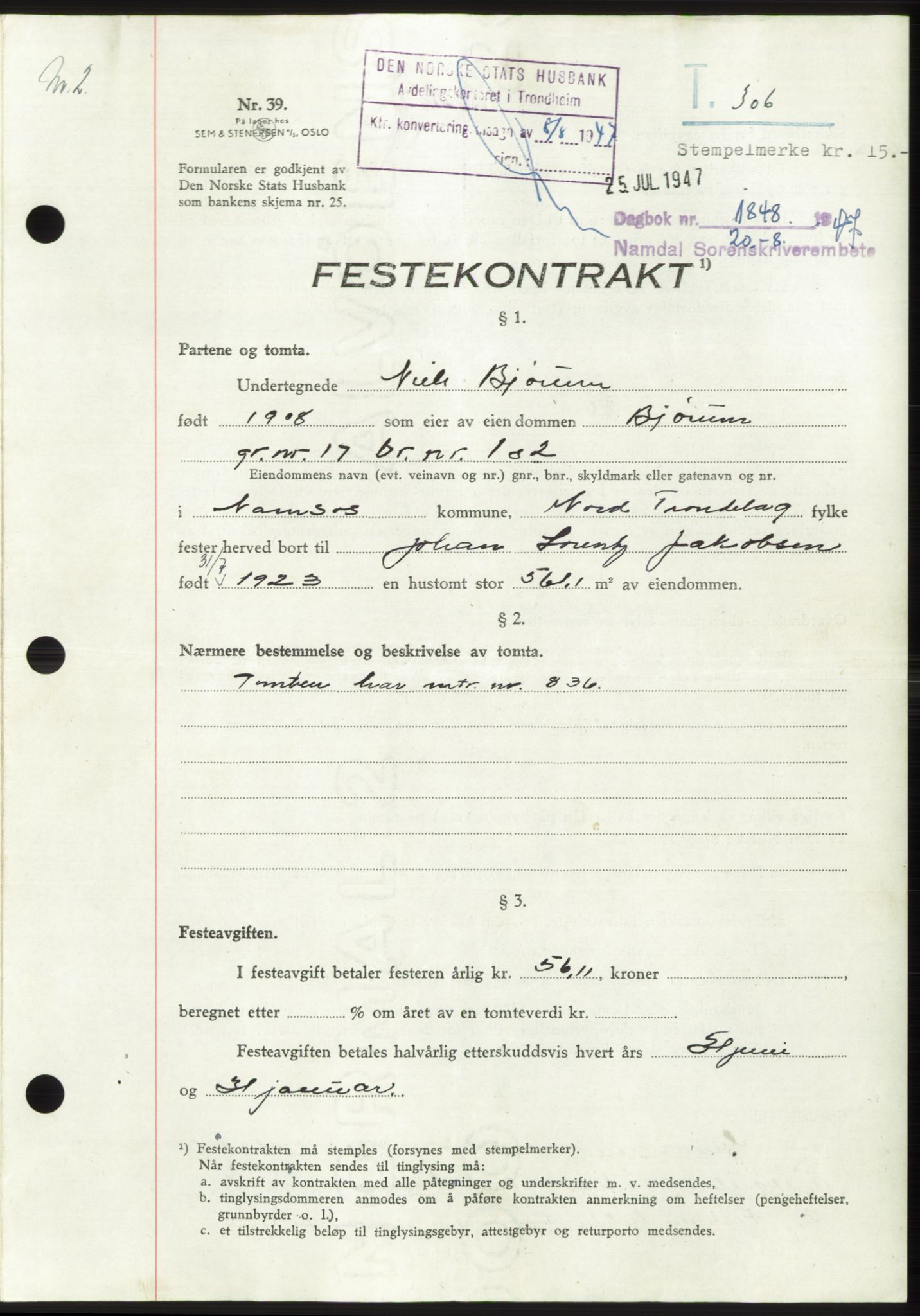 Namdal sorenskriveri, SAT/A-4133/1/2/2C: Pantebok nr. -, 1947-1947, Dagboknr: 1848/1947