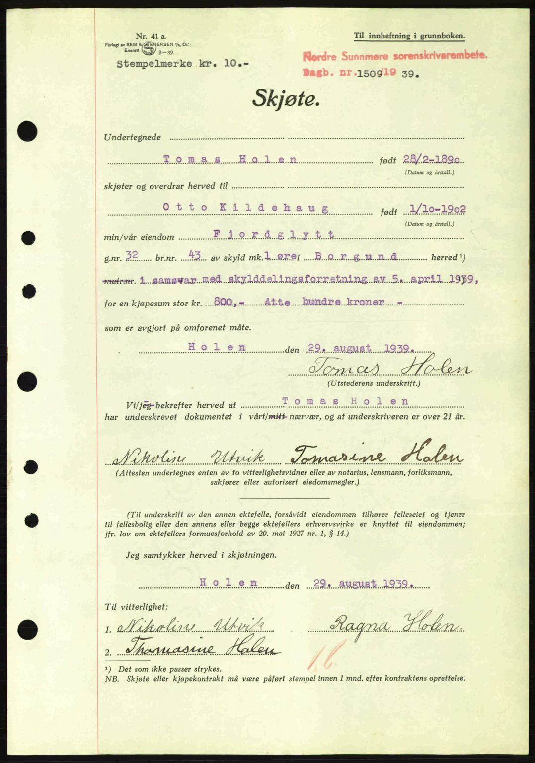 Nordre Sunnmøre sorenskriveri, SAT/A-0006/1/2/2C/2Ca: Pantebok nr. A7, 1939-1939, Dagboknr: 1509/1939