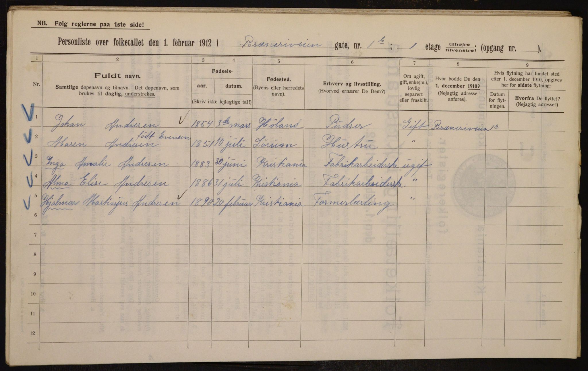 OBA, Kommunal folketelling 1.2.1912 for Kristiania, 1912, s. 8522