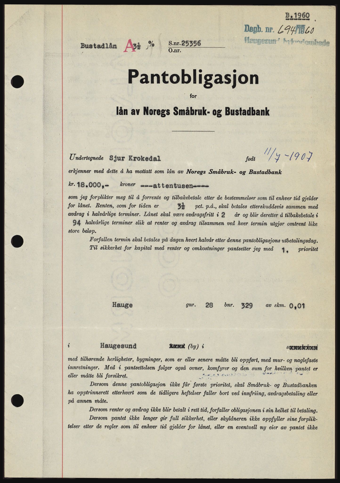 Haugesund tingrett, SAST/A-101415/01/II/IIC/L0046: Pantebok nr. B 46, 1960-1960, Dagboknr: 694/1960