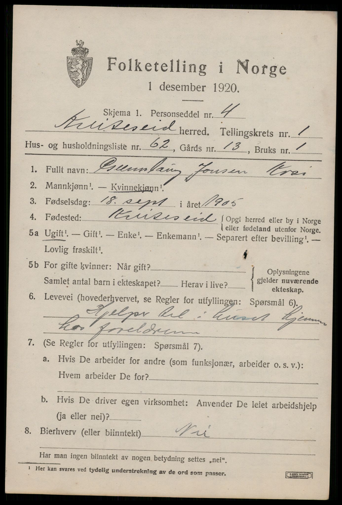 SAKO, Folketelling 1920 for 0829 Kviteseid herred, 1920, s. 2073
