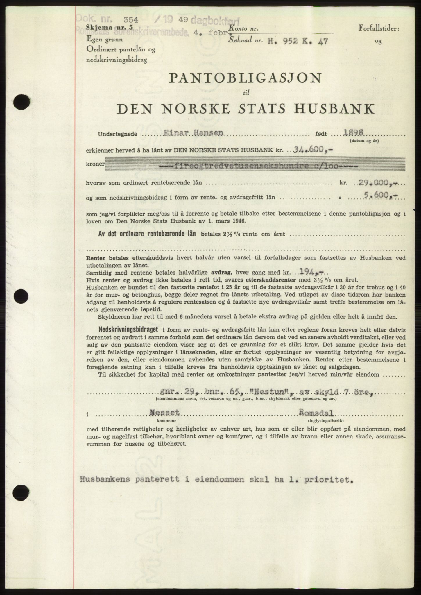 Romsdal sorenskriveri, SAT/A-4149/1/2/2C: Pantebok nr. B4, 1948-1949, Dagboknr: 354/1949