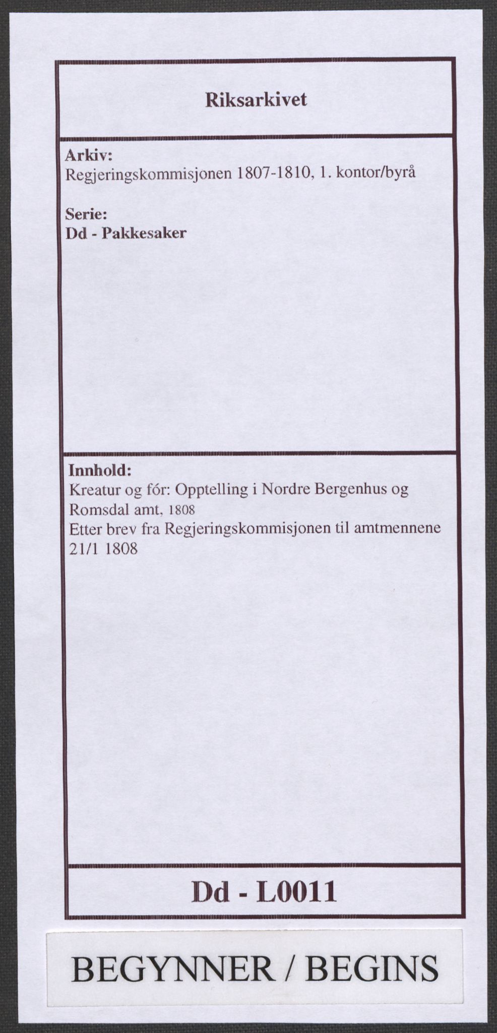 Regjeringskommisjonen 1807-1810, 1. kontor/byrå, RA/EA-2871/Dd/L0011: Kreatur og fôr: Opptelling i Nordre Bergenhus og Romsdal amt, 1808, s. 1