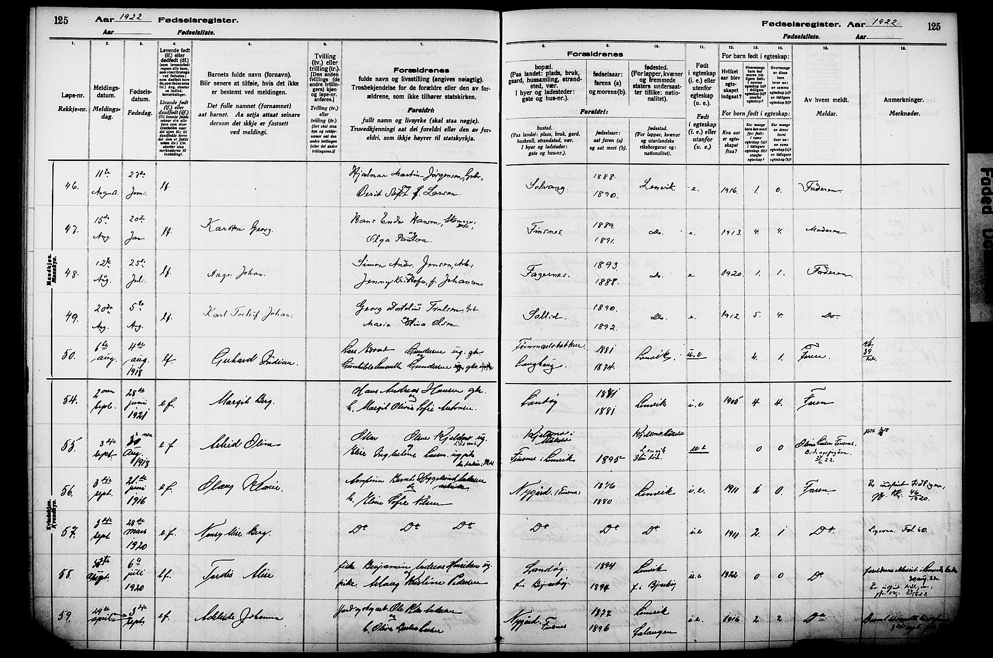 Lenvik sokneprestembete, SATØ/S-1310/I/Ic/L0089: Fødselsregister nr. 89, 1916-1926, s. 125