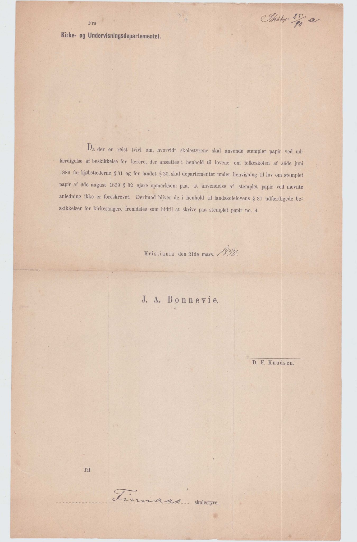 Finnaas kommune. Skulestyret, IKAH/1218a-211/D/Da/L0001/0002: Kronologisk ordna korrespondanse / Kronologisk ordna korrespondanse , 1890-1892, s. 25