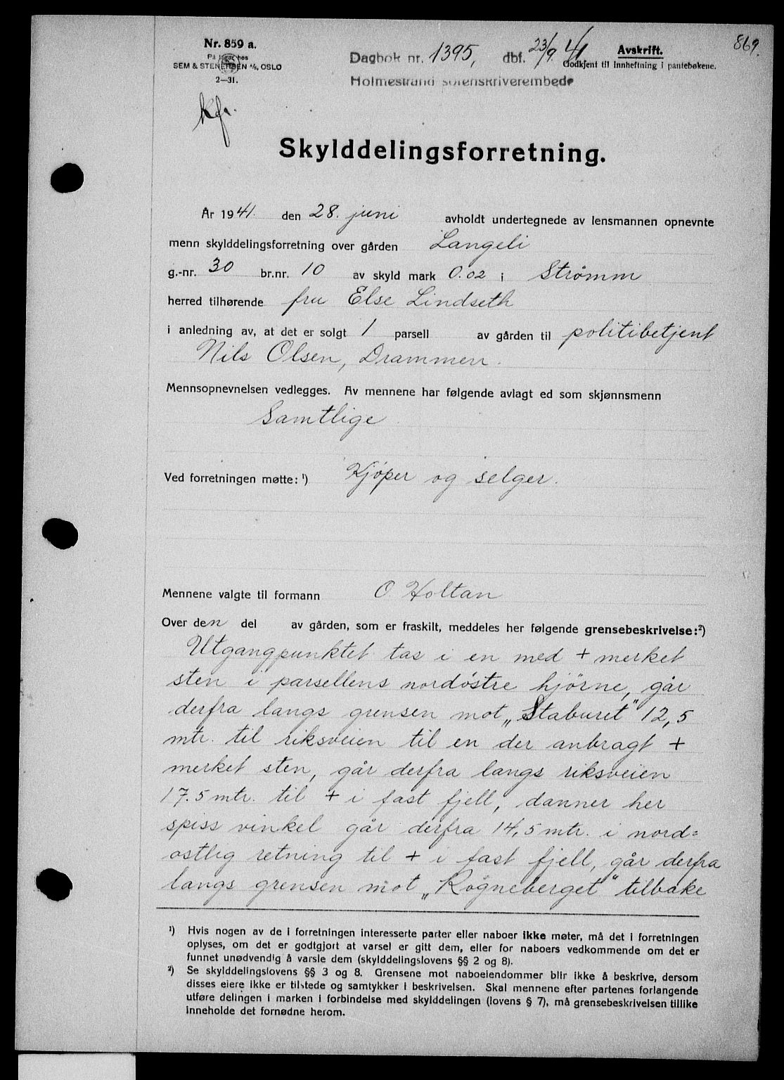 Holmestrand sorenskriveri, SAKO/A-67/G/Ga/Gaa/L0053: Pantebok nr. A-53, 1941-1941, Dagboknr: 1395/1941