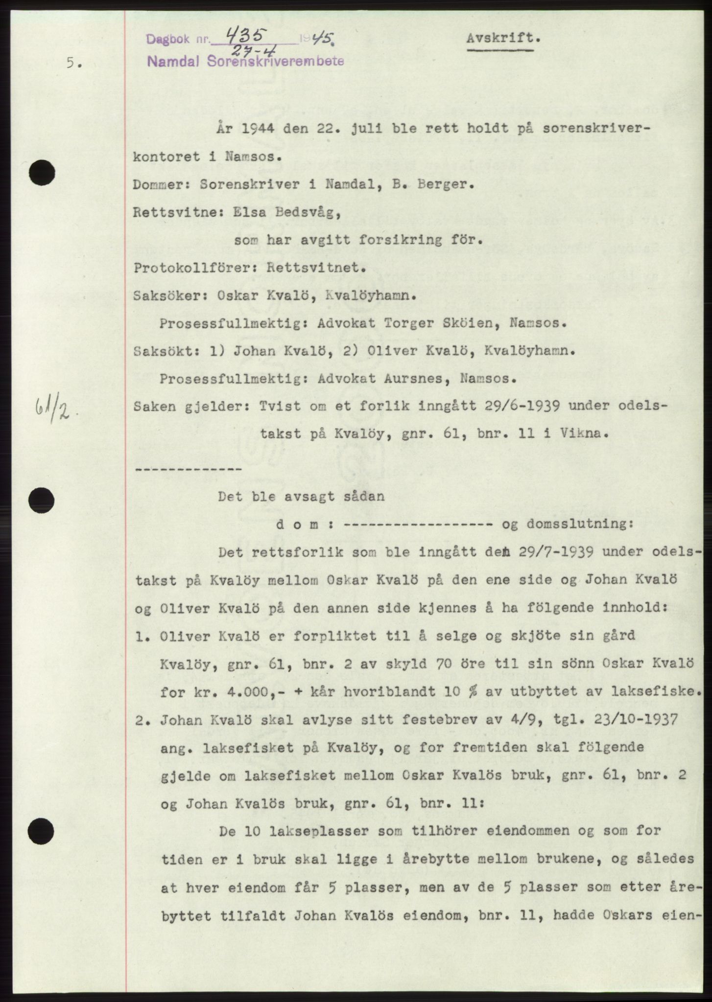 Namdal sorenskriveri, SAT/A-4133/1/2/2C: Pantebok nr. -, 1944-1945, Dagboknr: 435/1945