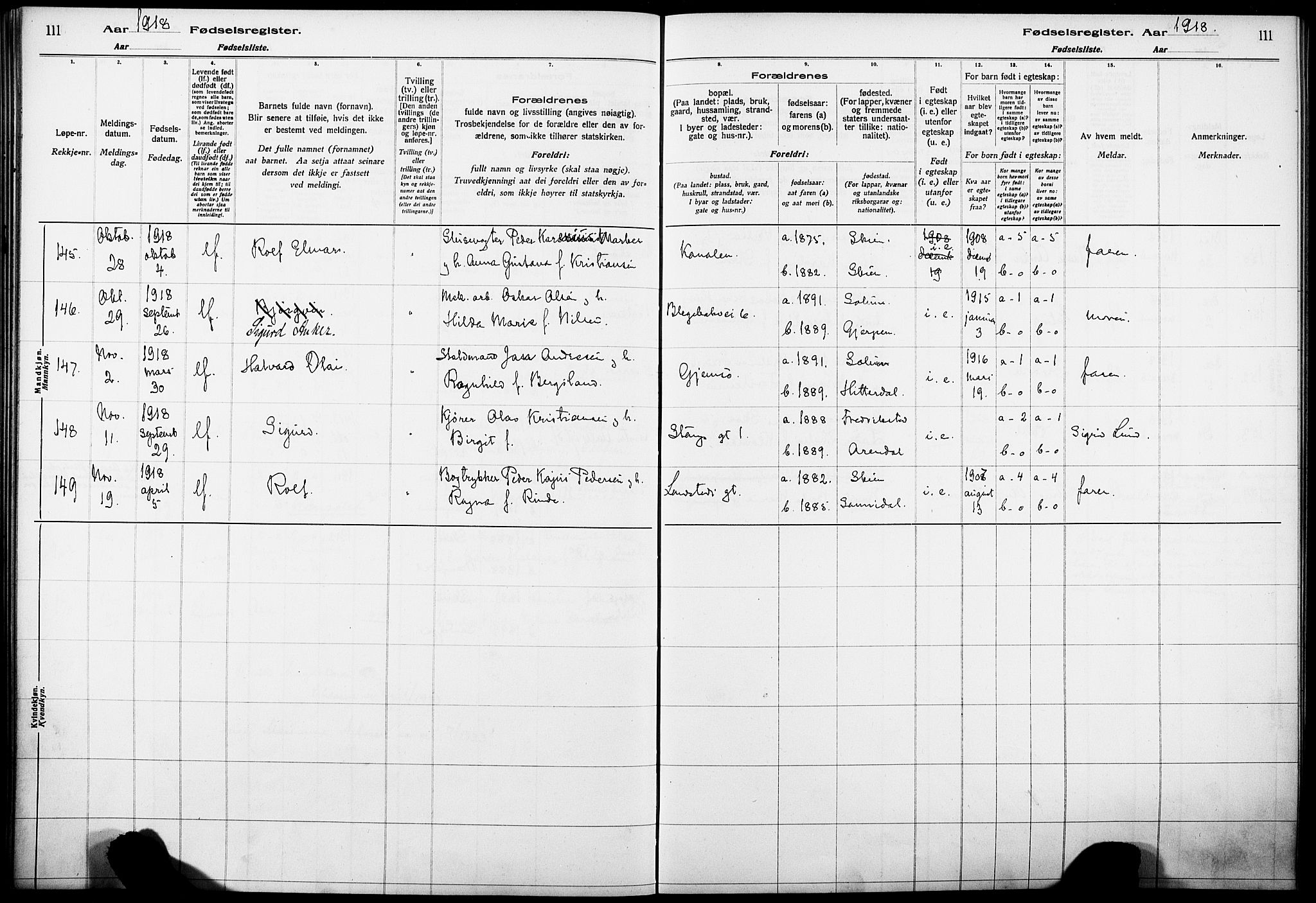 Skien kirkebøker, AV/SAKO-A-302/J/Ja/L0001: Fødselsregister nr. 1, 1916-1920, s. 111