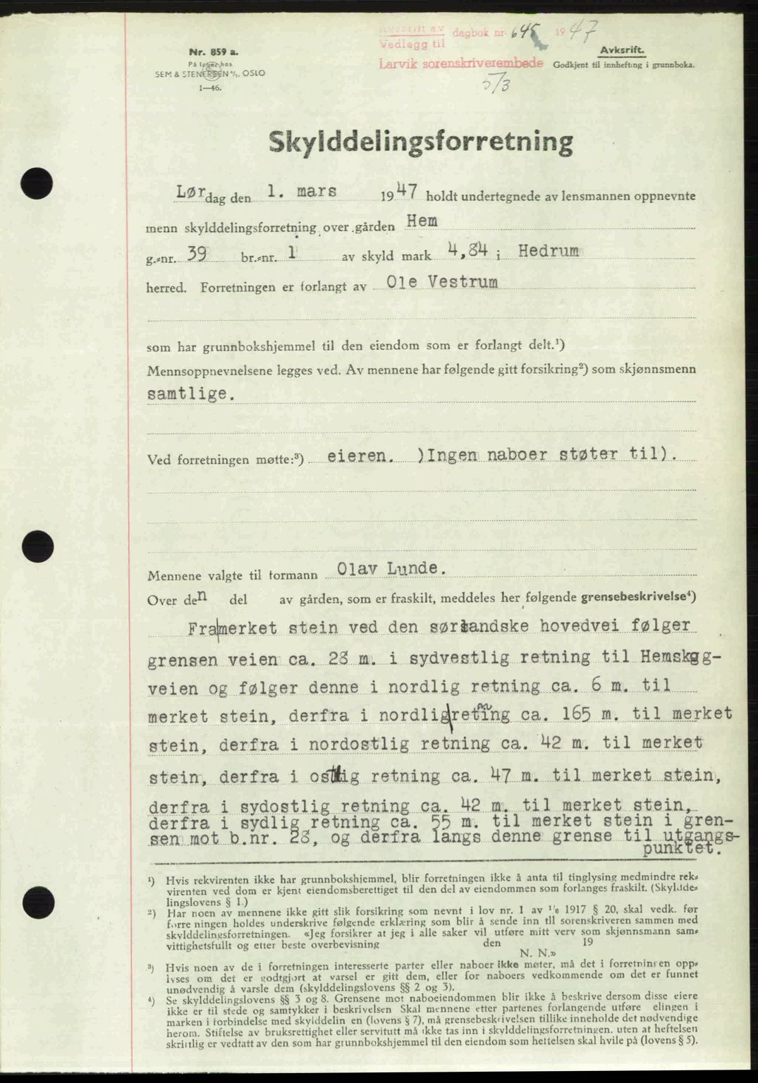 Larvik sorenskriveri, SAKO/A-83/G/Ga/Gab/L0083: Pantebok nr. A-17, 1946-1947, Dagboknr: 645/1947