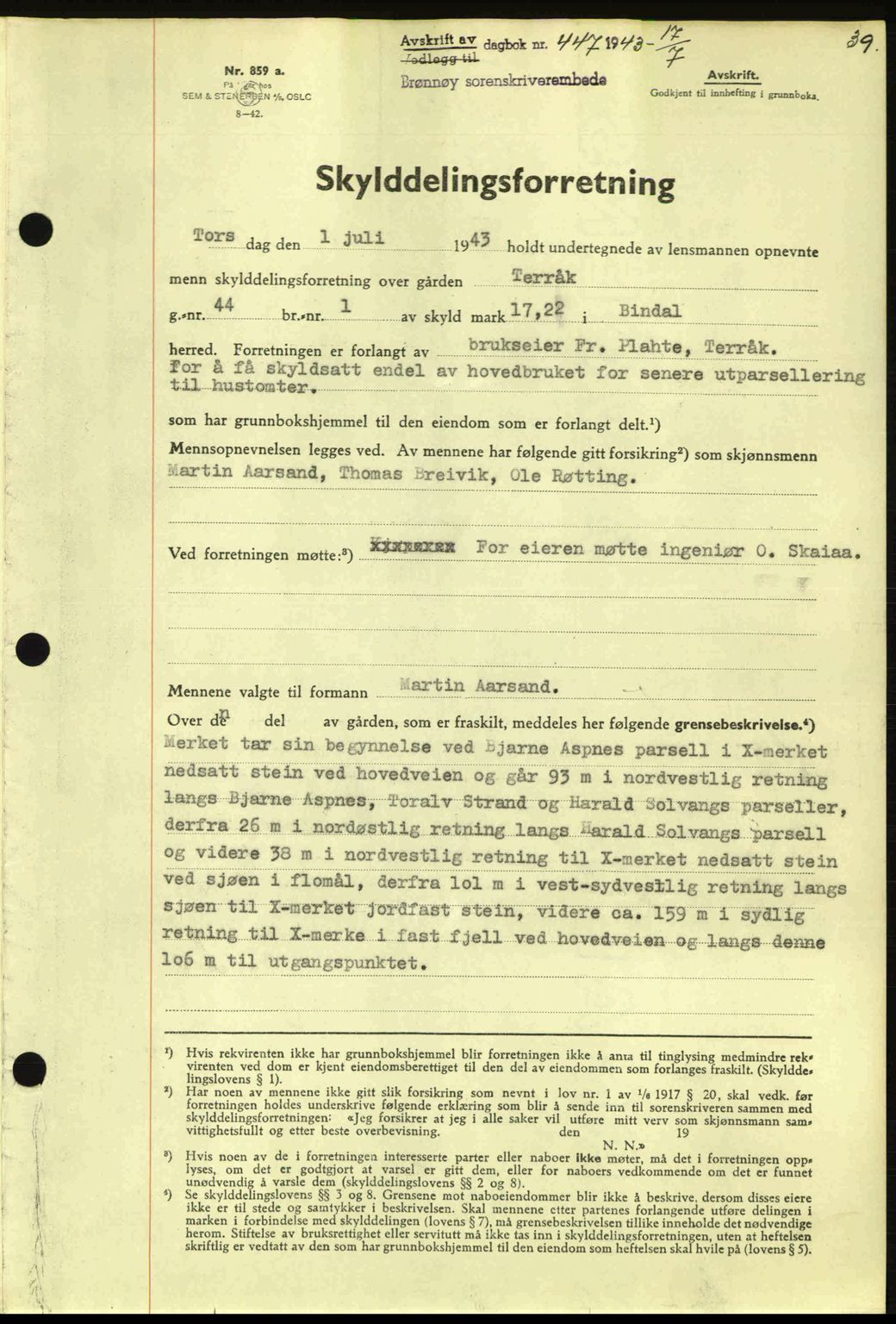 Brønnøy sorenskriveri, SAT/A-4170/1/2/2C: Pantebok nr. 23, 1943-1944, Dagboknr: 447/1943