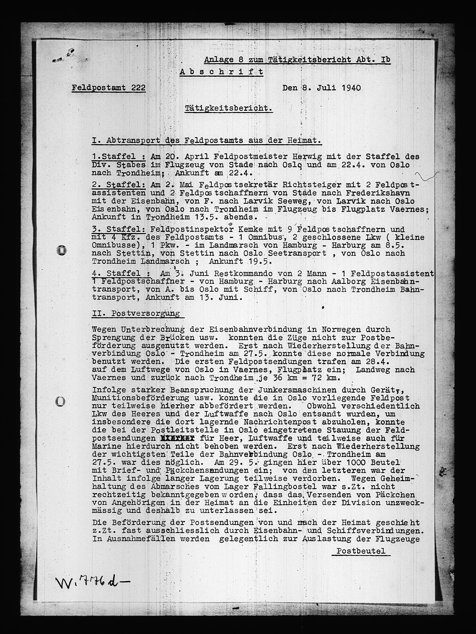 Documents Section, AV/RA-RAFA-2200/V/L0087: Amerikansk mikrofilm "Captured German Documents".
Box No. 726.  FKA jnr. 601/1954., 1940, s. 288