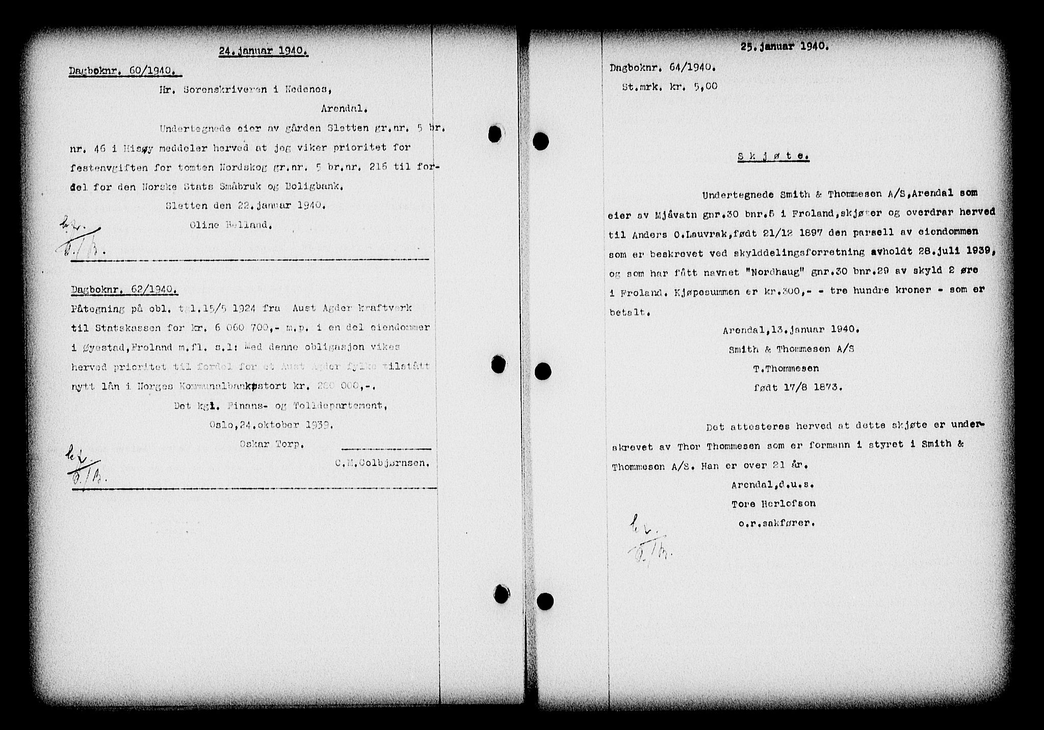Nedenes sorenskriveri, SAK/1221-0006/G/Gb/Gba/L0047: Pantebok nr. A-I, 1939-1940, Dagboknr: 64/1940