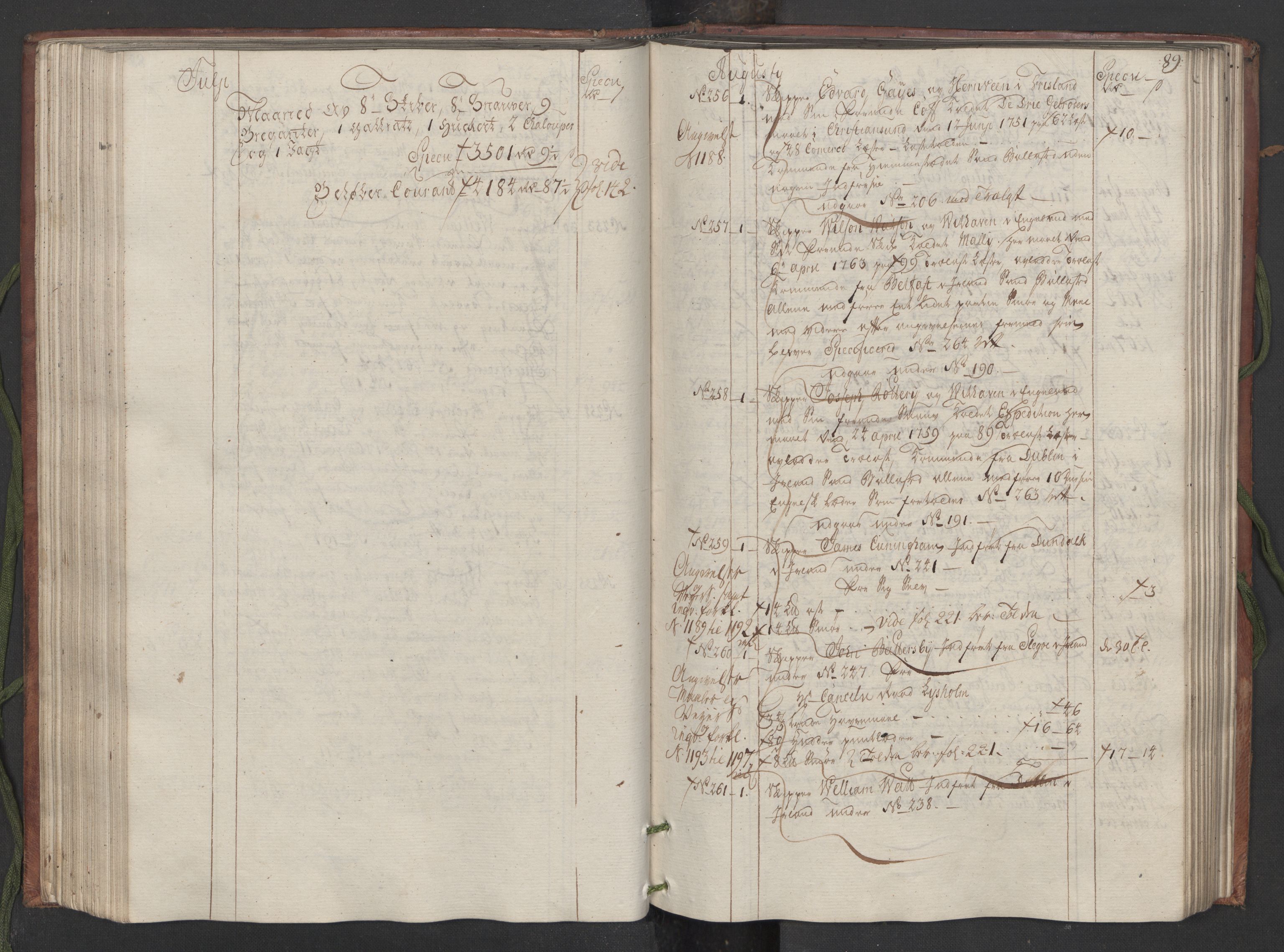 Generaltollkammeret, tollregnskaper, AV/RA-EA-5490/R33/L0082/0001: Tollregnskaper Trondheim A / Inngående hovedtollbok, 1764, s. 88b-89a