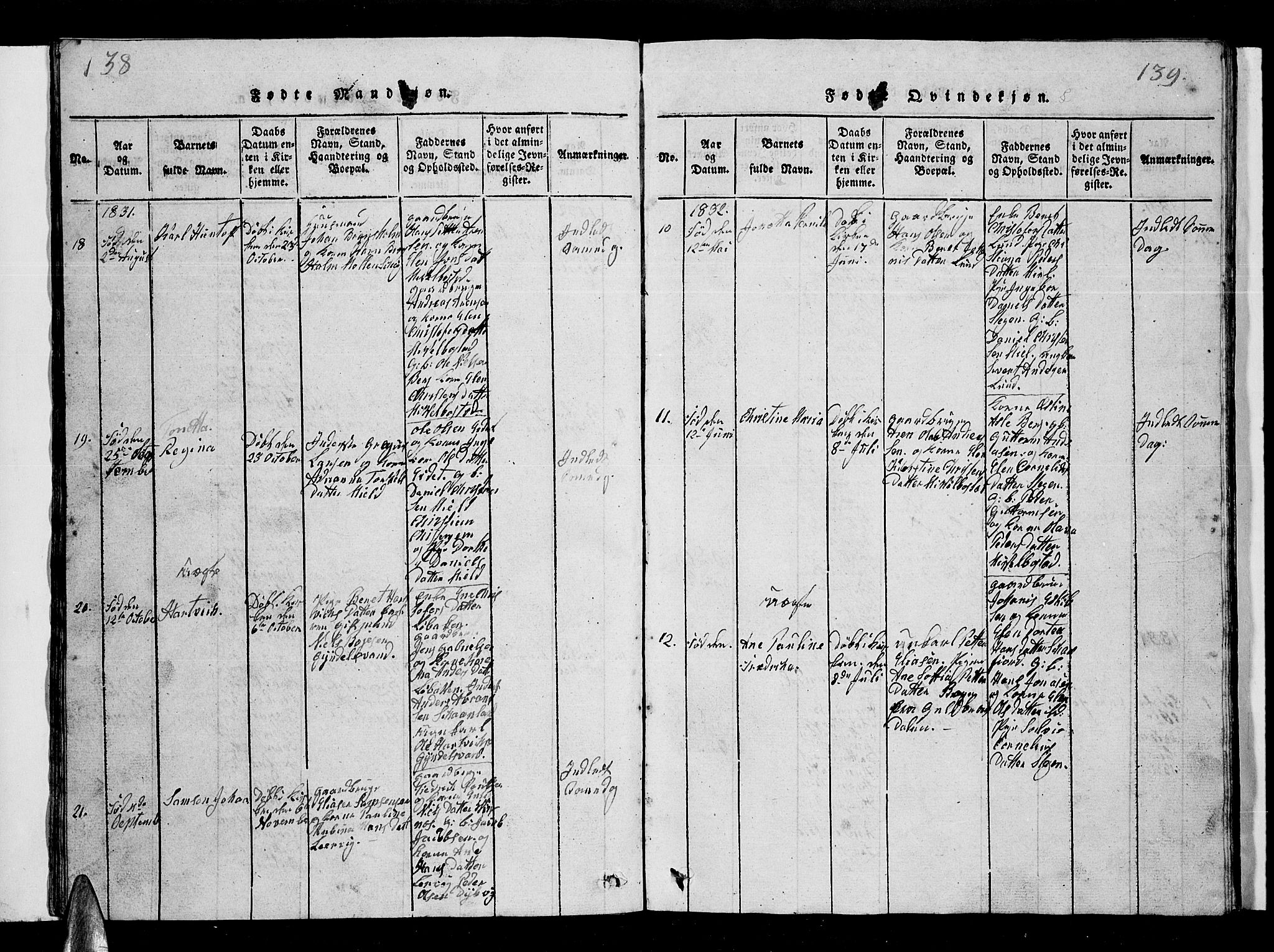 Ministerialprotokoller, klokkerbøker og fødselsregistre - Nordland, AV/SAT-A-1459/855/L0812: Klokkerbok nr. 855C01, 1821-1838, s. 138-139