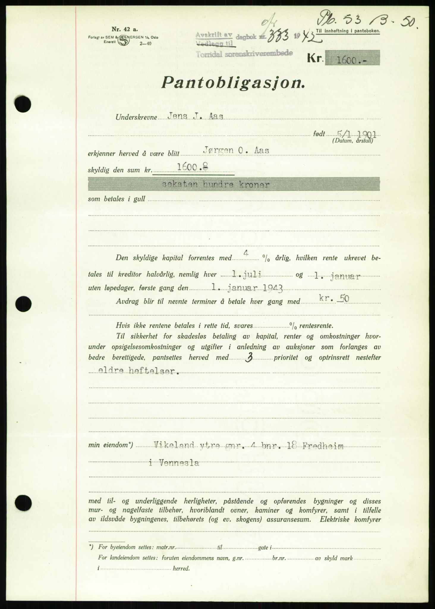 Torridal sorenskriveri, SAK/1221-0012/G/Gb/Gbb/L0009: Pantebok nr. 53b, 1942-1943, Dagboknr: 333/1942