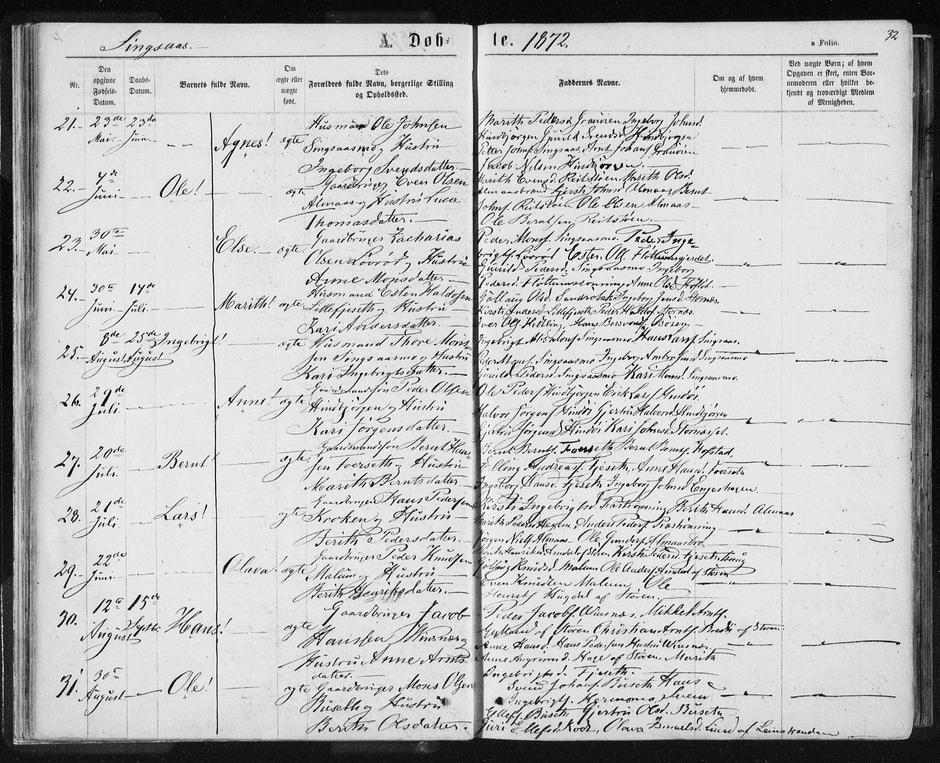 Ministerialprotokoller, klokkerbøker og fødselsregistre - Sør-Trøndelag, AV/SAT-A-1456/685/L0970: Ministerialbok nr. 685A08 /2, 1870-1878, s. 32