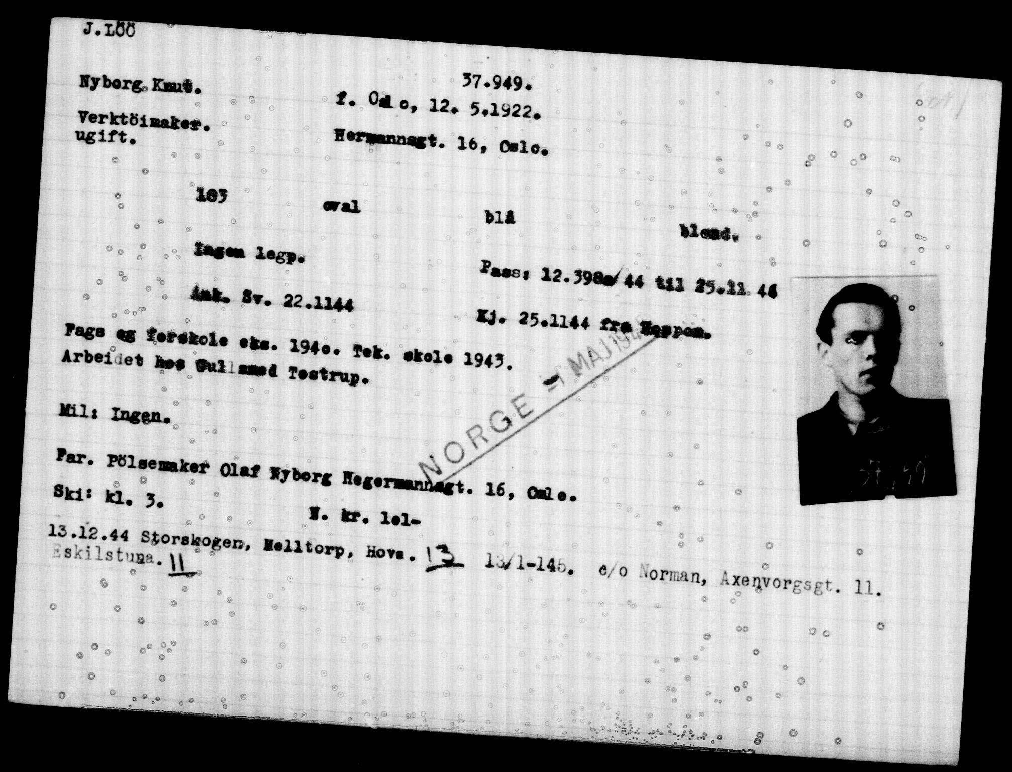 Utenriksstasjonene, Legasjonen i Stockholm, Flyktningkontoret, AV/RA-S-6753/V/Va/L0015: Kjesäterkartoteket, flyktninger med registreringsnr. 37800-40770, 1940-1945, s. 152