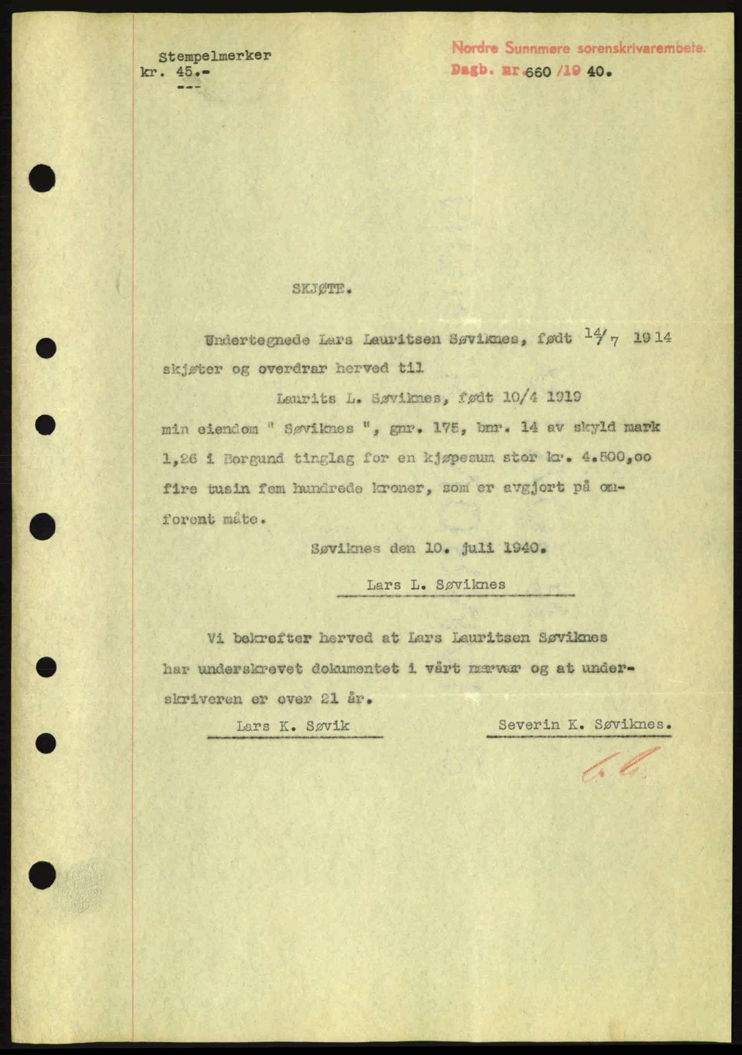 Nordre Sunnmøre sorenskriveri, AV/SAT-A-0006/1/2/2C/2Ca: Pantebok nr. A8, 1939-1940, Dagboknr: 660/1940