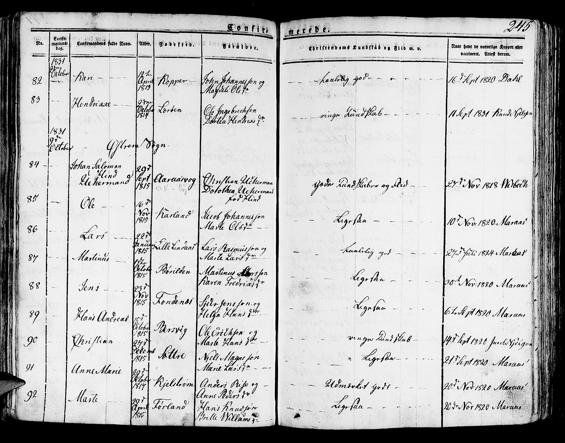 Lindås Sokneprestembete, AV/SAB-A-76701/H/Haa/Haaa/L0008: Ministerialbok nr. A 8, 1823-1836, s. 245