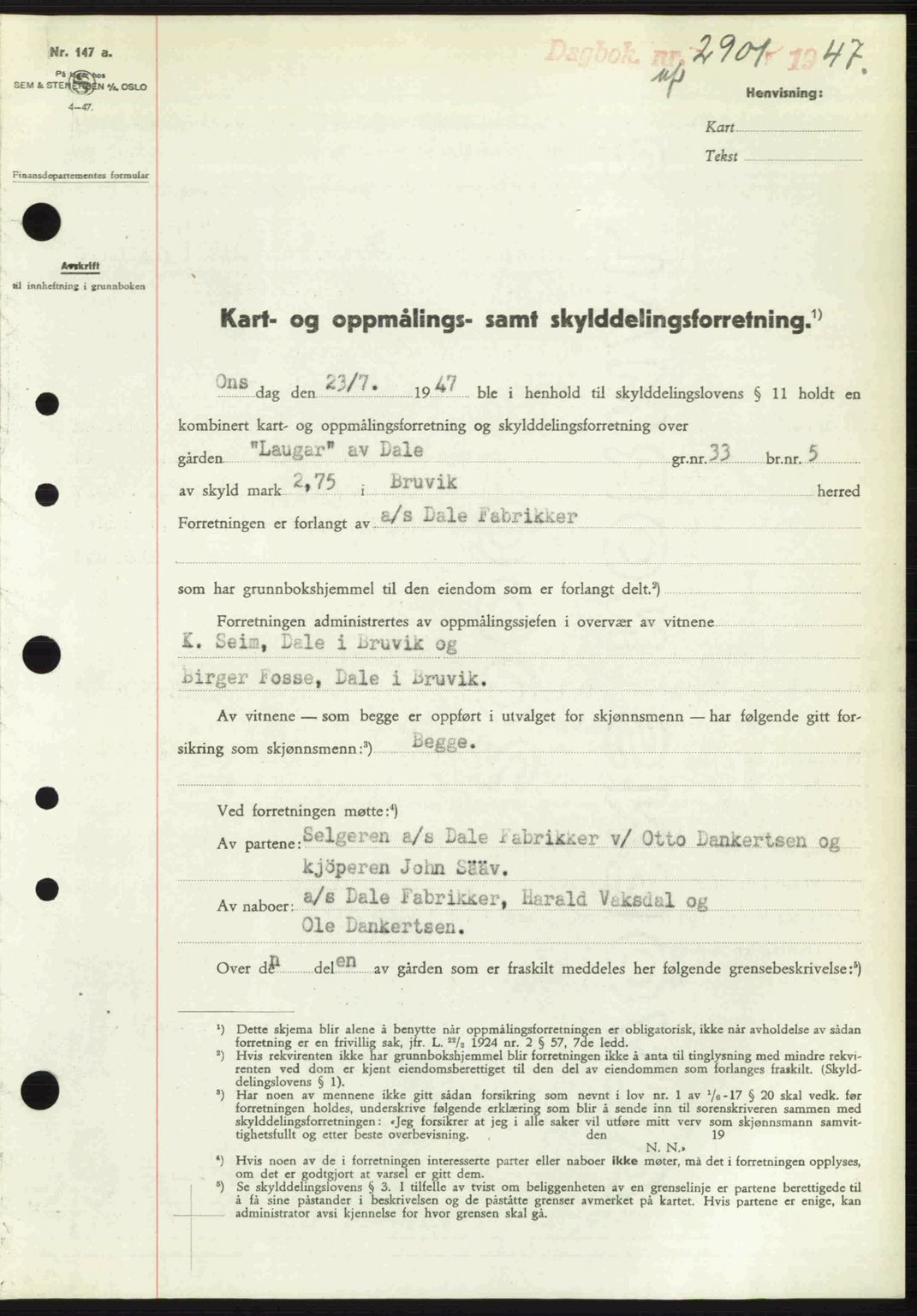 Nordhordland sorenskrivar, SAB/A-2901/1/G/Gb/Gbf/L0032: Pantebok nr. A32, 1947-1947, Dagboknr: 2901/1947