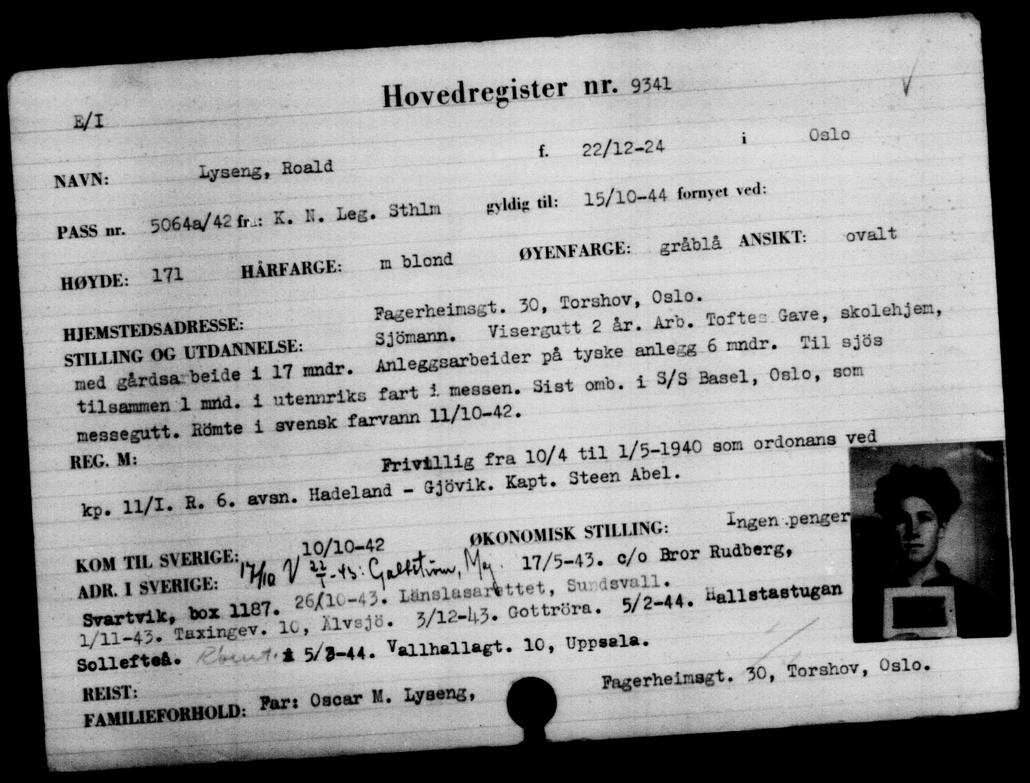 Utenriksstasjonene, Legasjonen i Stockholm, Flyktningkontoret, AV/RA-S-6753/V/Va/L0005: Kjesäterkartoteket, flyktninger med registreringsnr. 6600-9417, 1940-1945, s. 3233