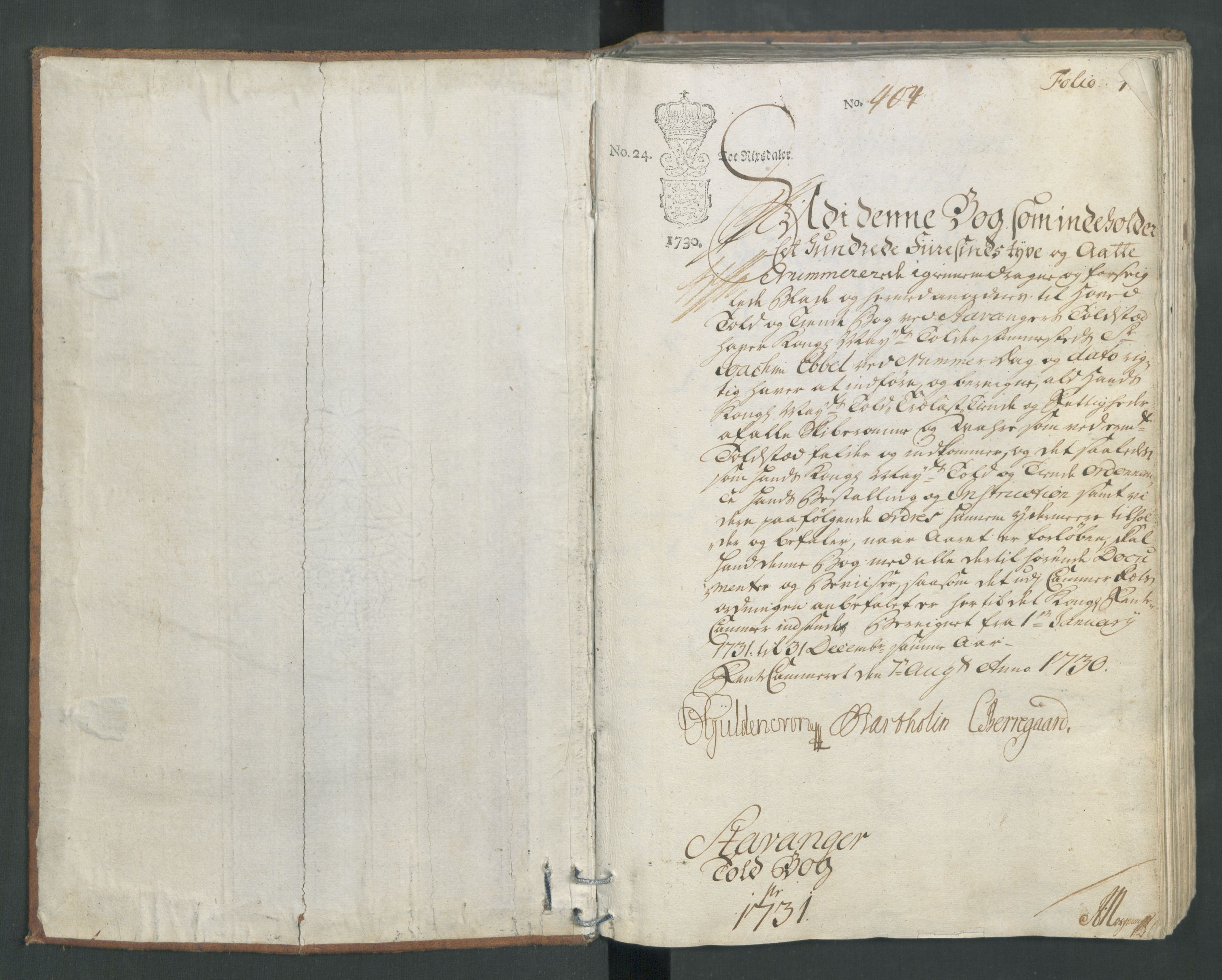 Generaltollkammeret, tollregnskaper, AV/RA-EA-5490/R22/L0011/0001: Tollregnskaper Stavanger / Hovedtollbok, 1731, s. 1a