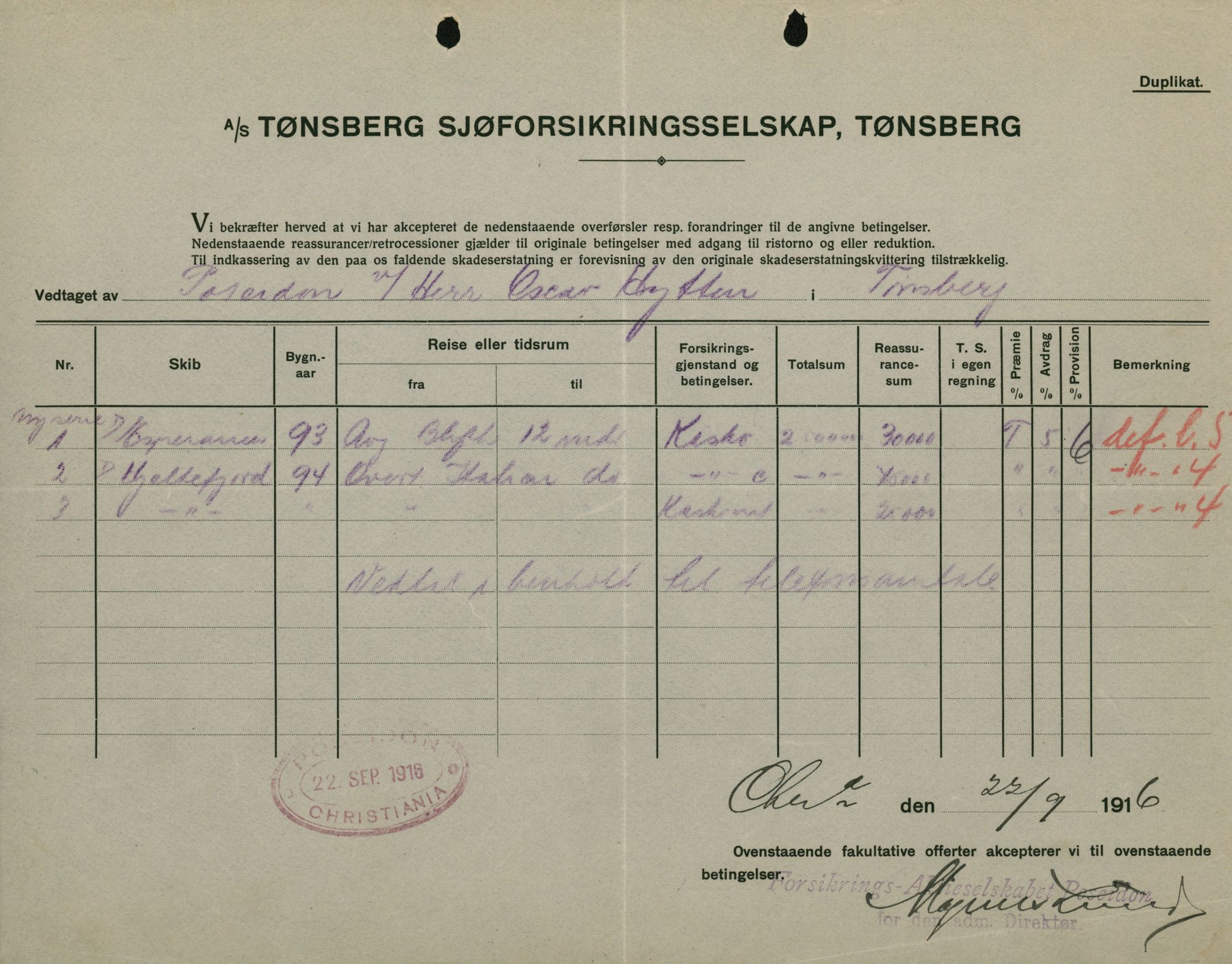 Pa 664 - Tønsberg Sjøforsikringsselskap, VEMU/A-1773/F/L0001: Forsikringspoliser, 1915-1918