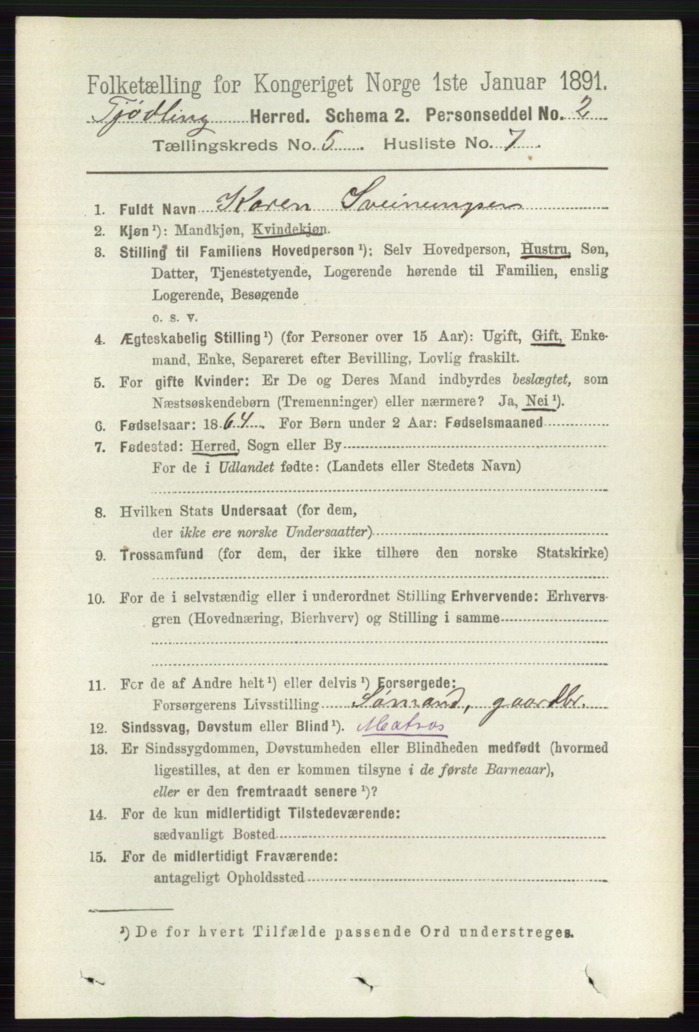 RA, Folketelling 1891 for 0725 Tjølling herred, 1891, s. 2018