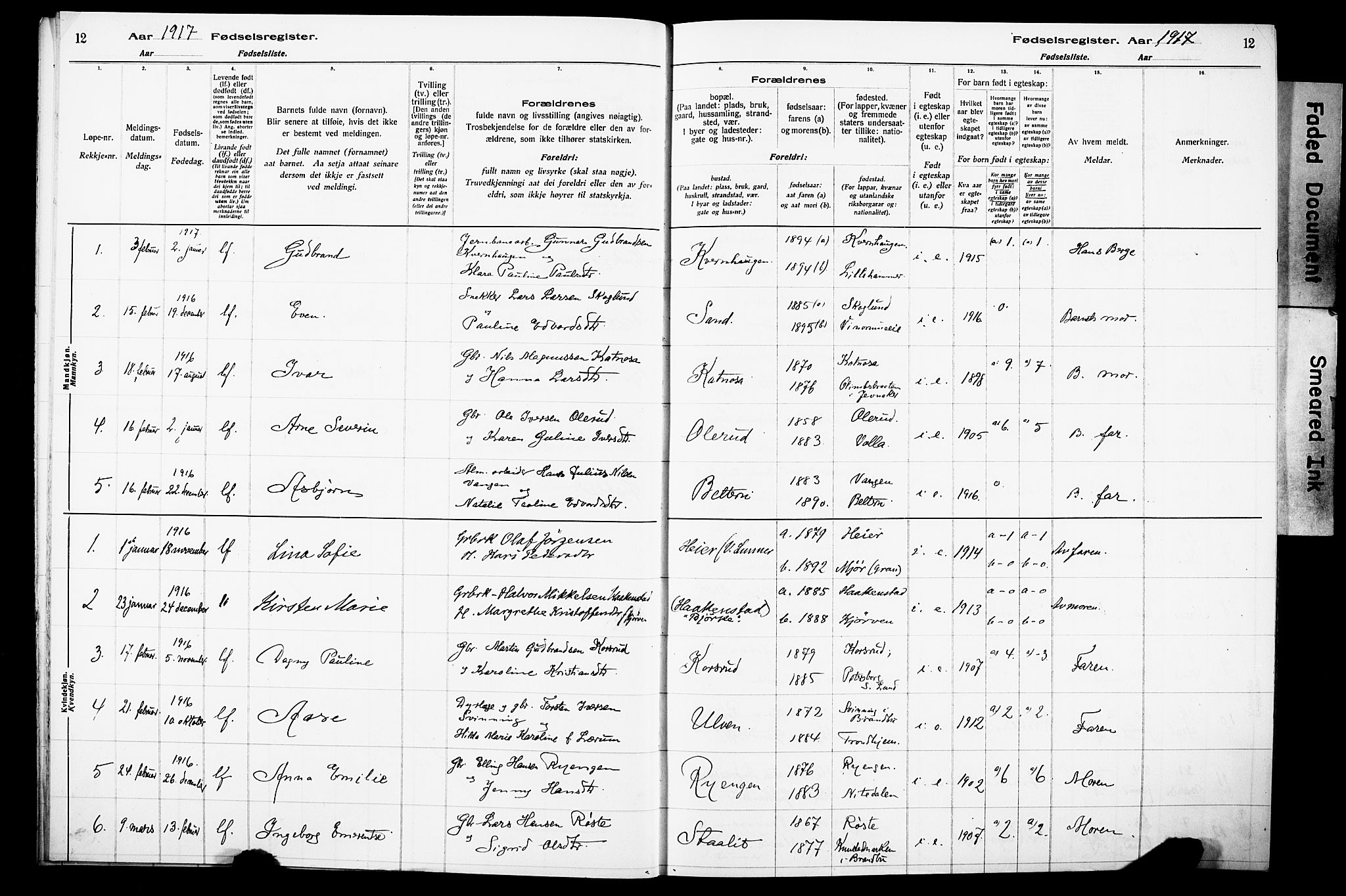 Lunner prestekontor, AV/SAH-PREST-118/I/Id/L0001: Fødselsregister nr. 1, 1916-1932, s. 12