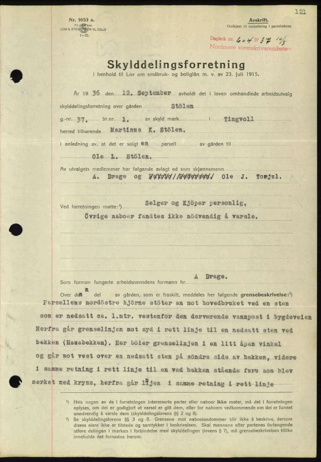 Nordmøre sorenskriveri, SAT/A-4132/1/2/2Ca: Pantebok nr. A81, 1937-1937, Dagboknr: 604/1937