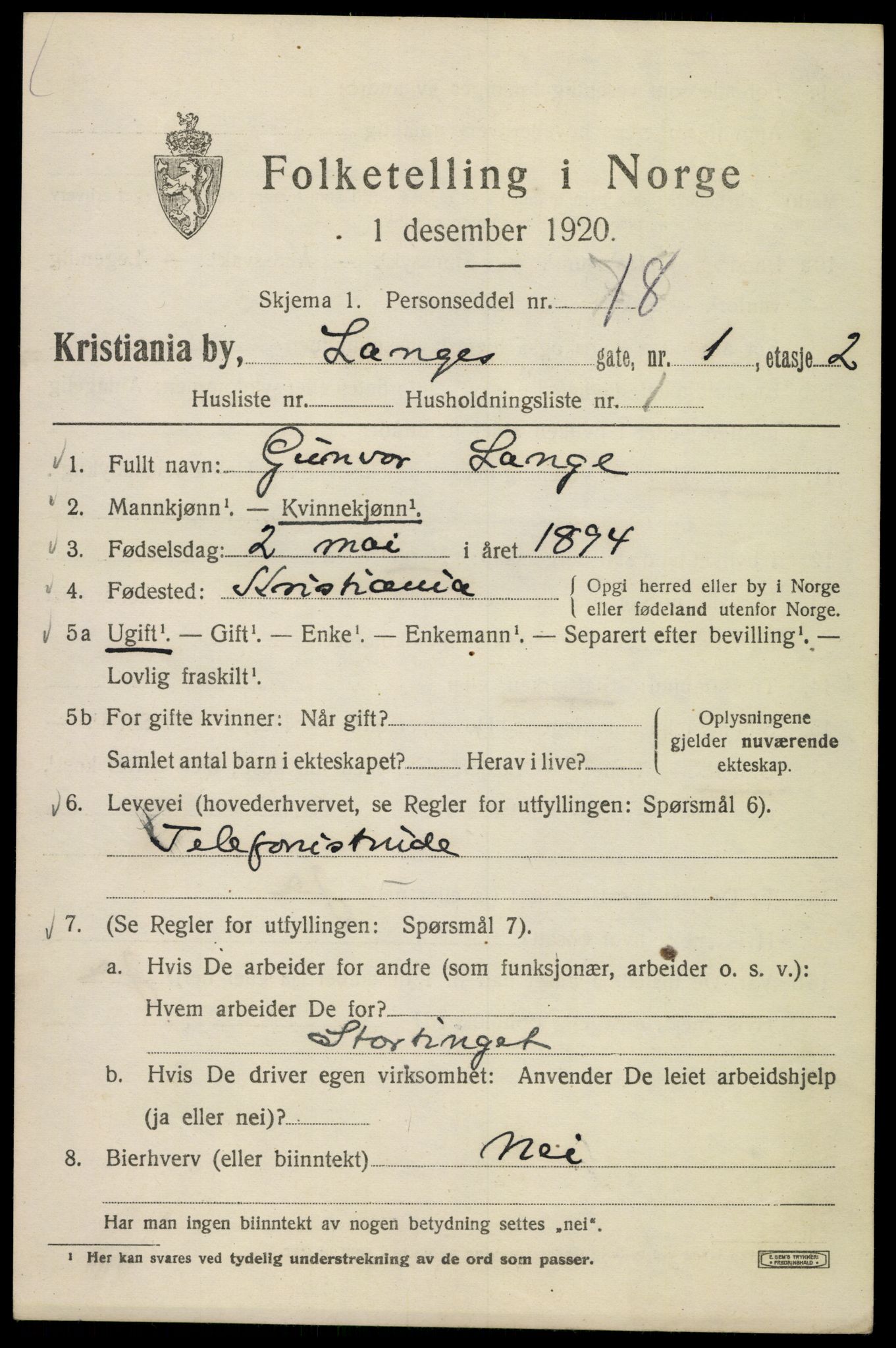 SAO, Folketelling 1920 for 0301 Kristiania kjøpstad, 1920, s. 358245