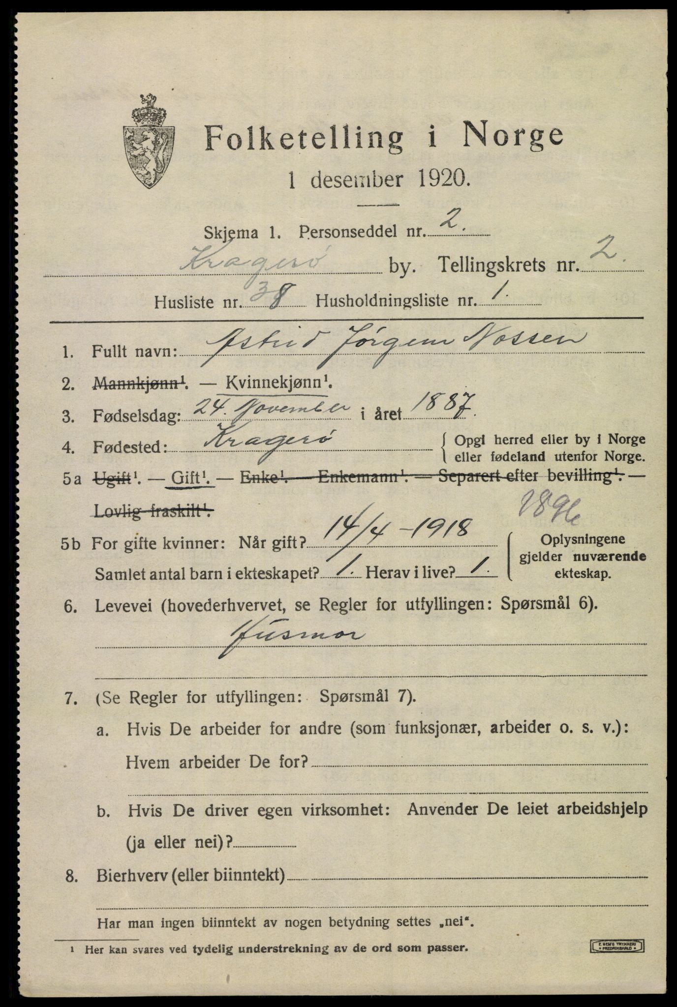 SAKO, Folketelling 1920 for 0801 Kragerø kjøpstad, 1920, s. 5807