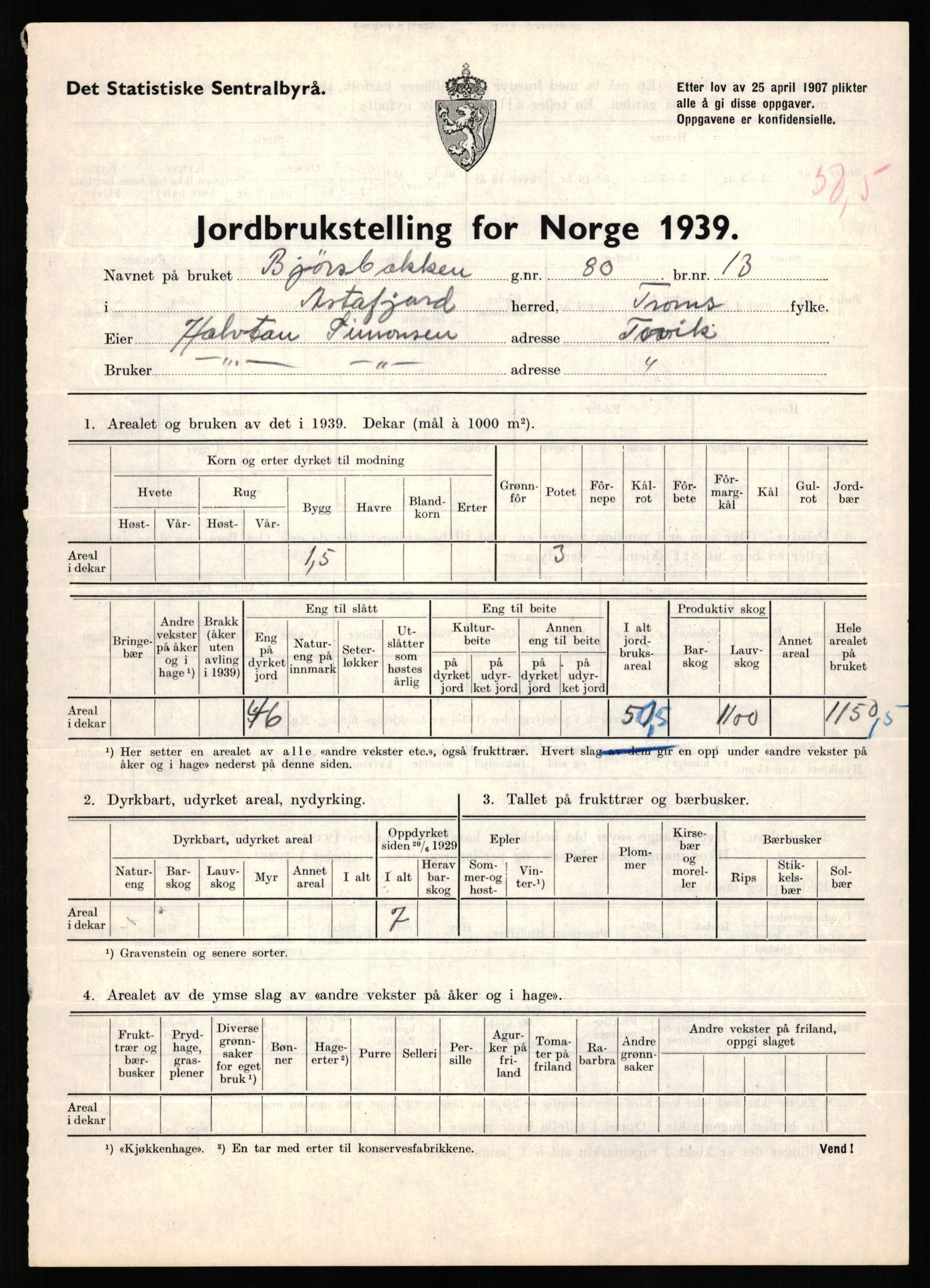 Statistisk sentralbyrå, Næringsøkonomiske emner, Jordbruk, skogbruk, jakt, fiske og fangst, AV/RA-S-2234/G/Gb/L0339: Troms: Andørja, Astafjord og Lavangen, 1939, s. 367