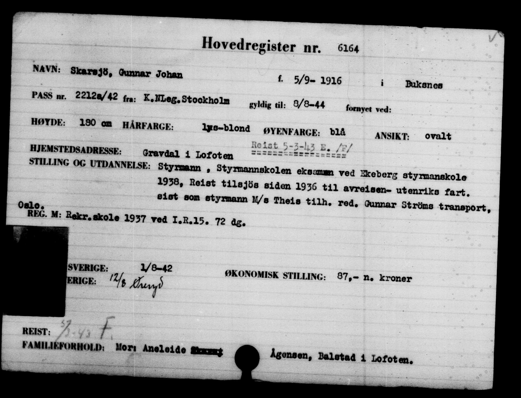 Utenriksstasjonene, Legasjonen i Stockholm, Flyktningkontoret, AV/RA-S-6753/V/Va/L0004: Kjesäterkartoteket, flyktninger med registreringsnr. 3496-6610, 1940-1945, s. 3128