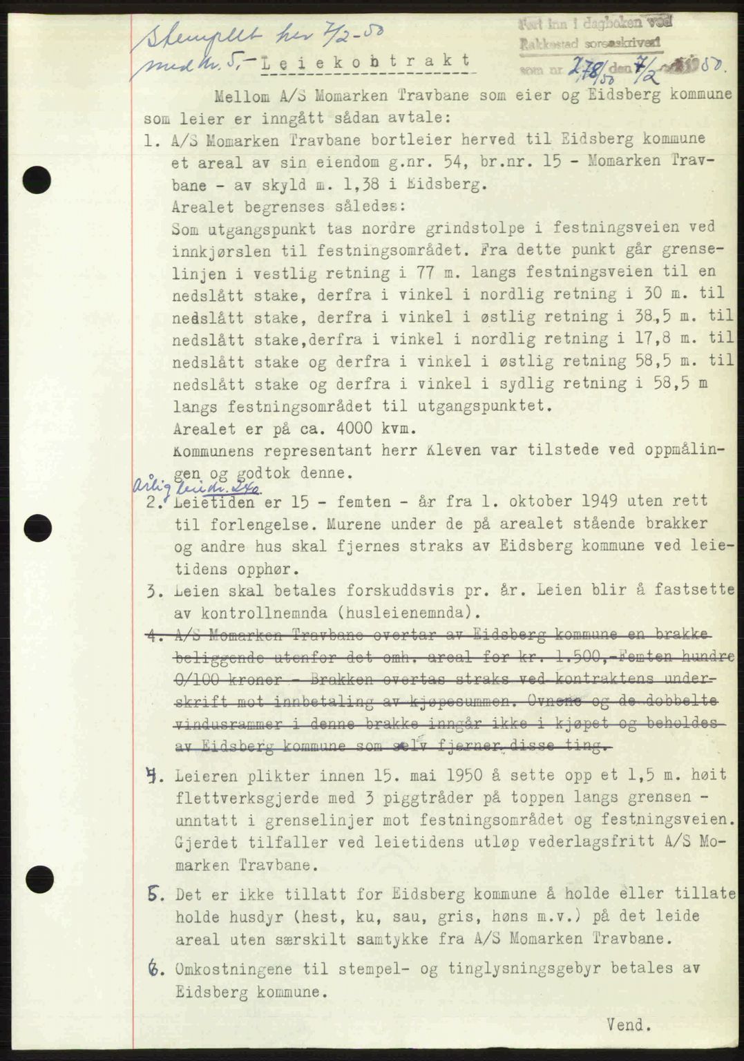Rakkestad sorenskriveri, SAO/A-10686/G/Gb/Gba/Gbab/L0019: Pantebok nr. A19, 1949-1950, Dagboknr: 278/1950