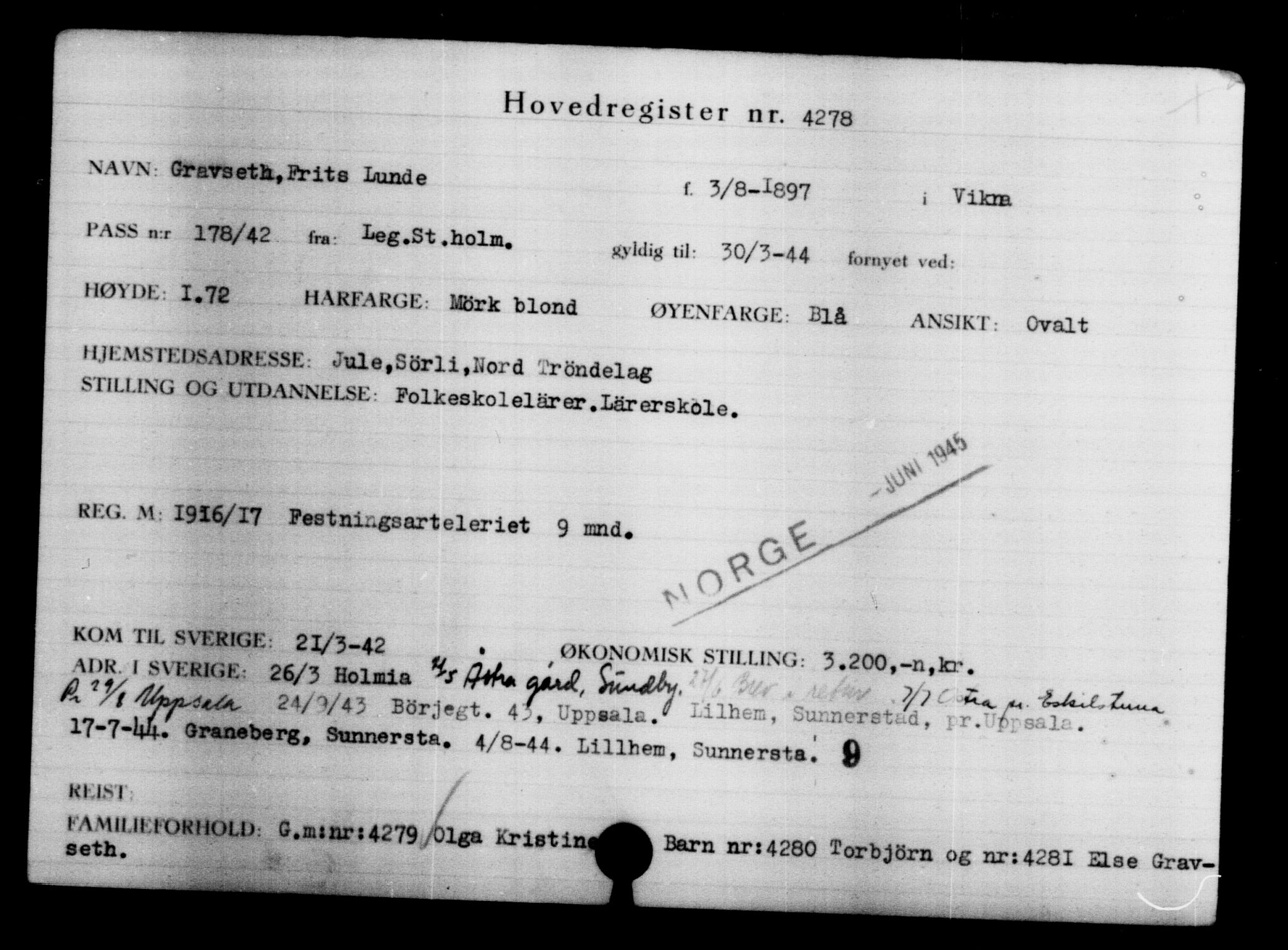Utenriksstasjonene, Legasjonen i Stockholm, Flyktningkontoret, AV/RA-S-6753/V/Va/L0004: Kjesäterkartoteket, flyktninger med registreringsnr. 3496-6610, 1940-1945, s. 950