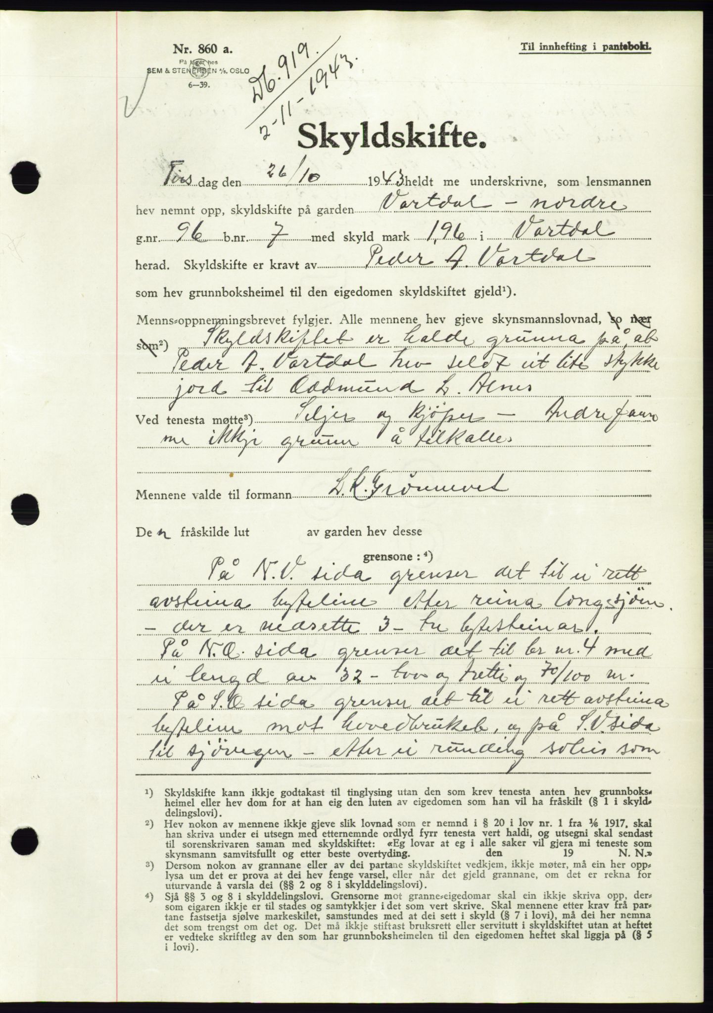 Søre Sunnmøre sorenskriveri, AV/SAT-A-4122/1/2/2C/L0075: Pantebok nr. 1A, 1943-1943, Dagboknr: 919/1943