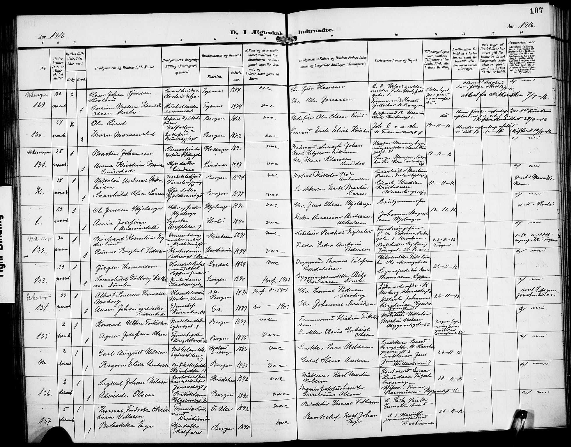 Domkirken sokneprestembete, AV/SAB-A-74801/H/Hab/L0033: Klokkerbok nr. D 5, 1907-1924, s. 107