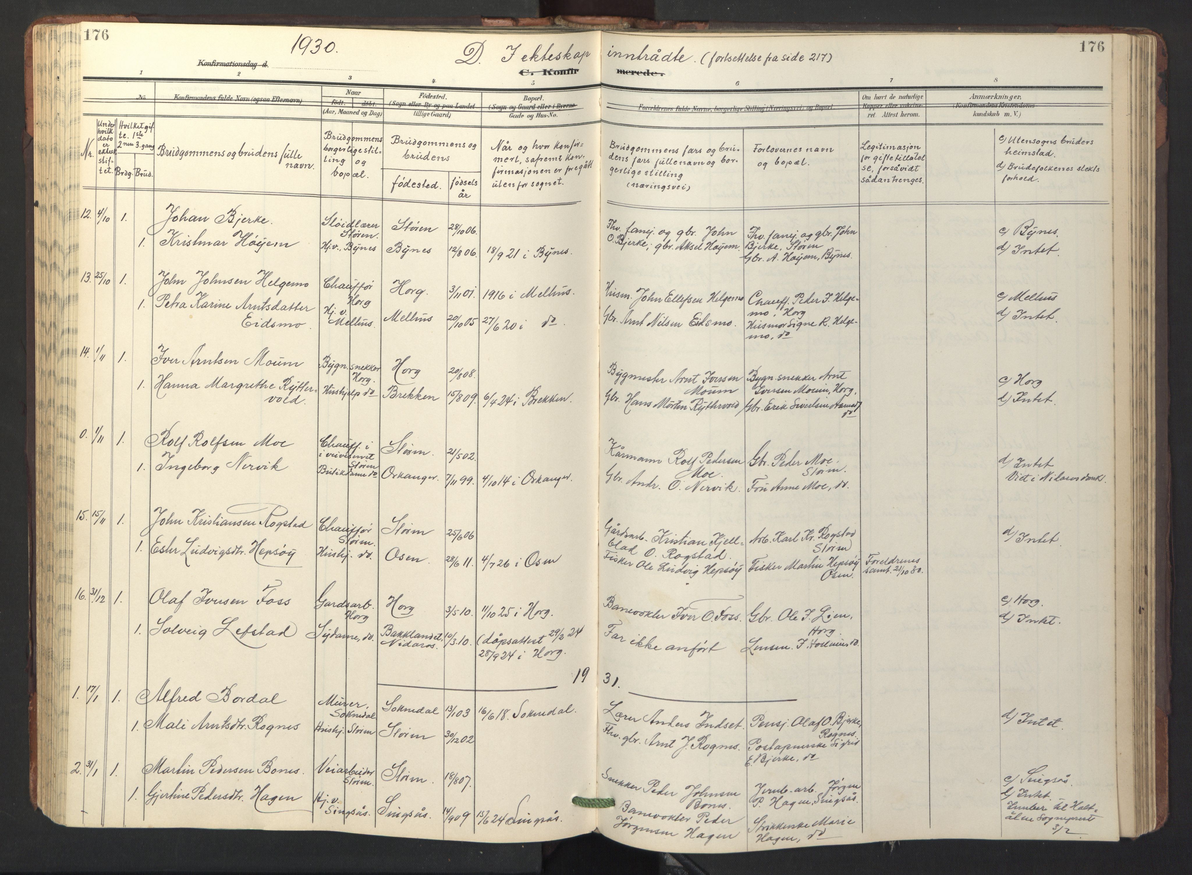 Ministerialprotokoller, klokkerbøker og fødselsregistre - Sør-Trøndelag, SAT/A-1456/687/L1019: Klokkerbok nr. 687C03, 1904-1931, s. 176