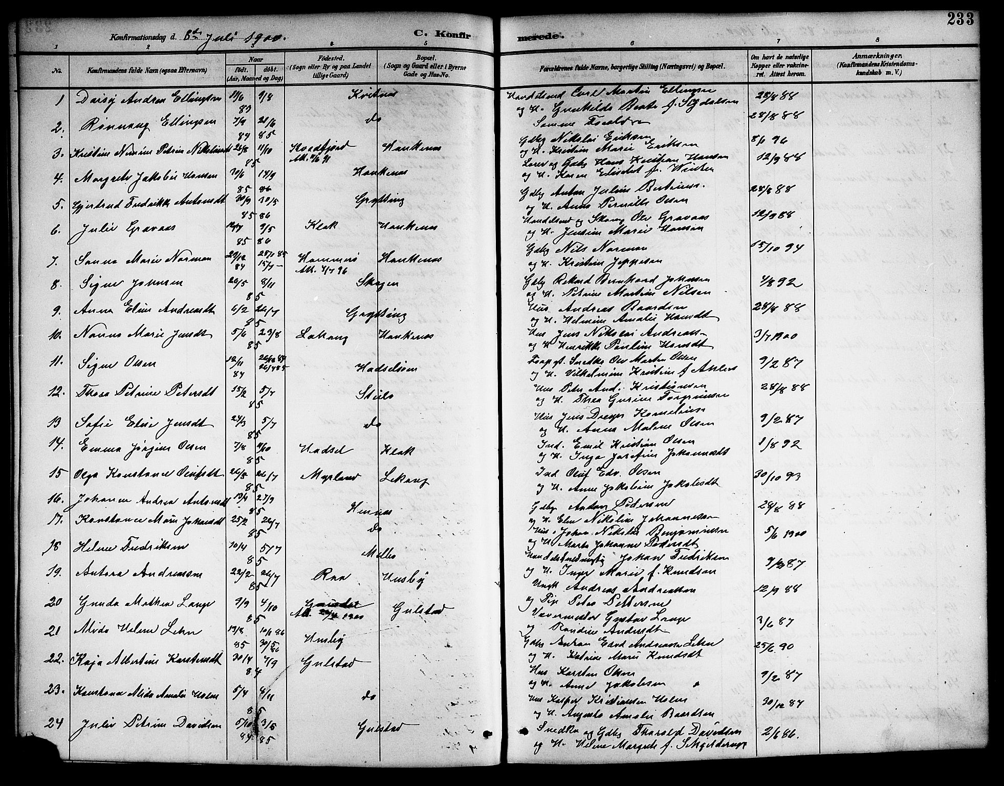 Ministerialprotokoller, klokkerbøker og fødselsregistre - Nordland, AV/SAT-A-1459/888/L1268: Klokkerbok nr. 888C06, 1891-1908, s. 233