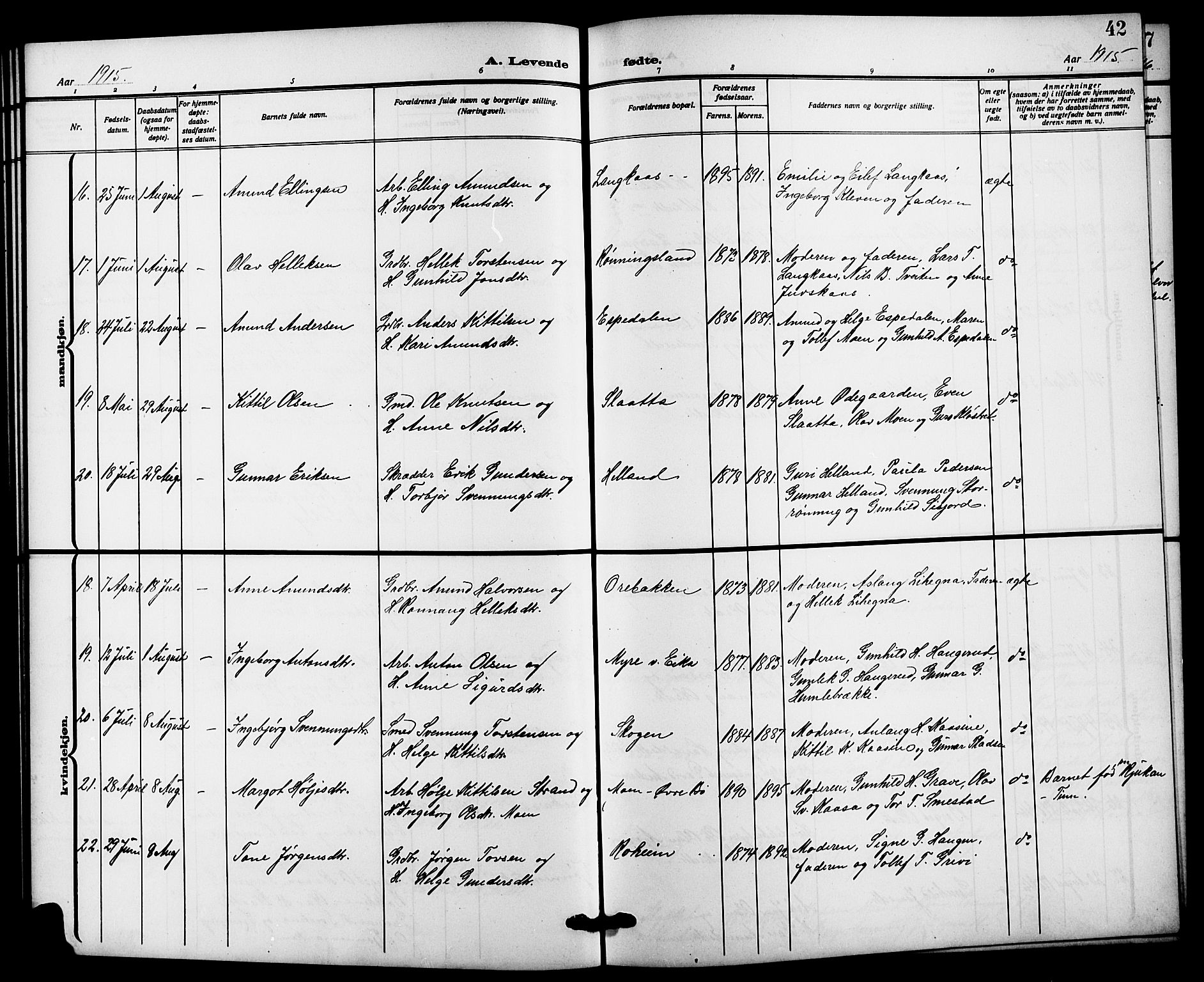 Bø kirkebøker, AV/SAKO-A-257/G/Ga/L0007: Klokkerbok nr. 7, 1909-1924, s. 42
