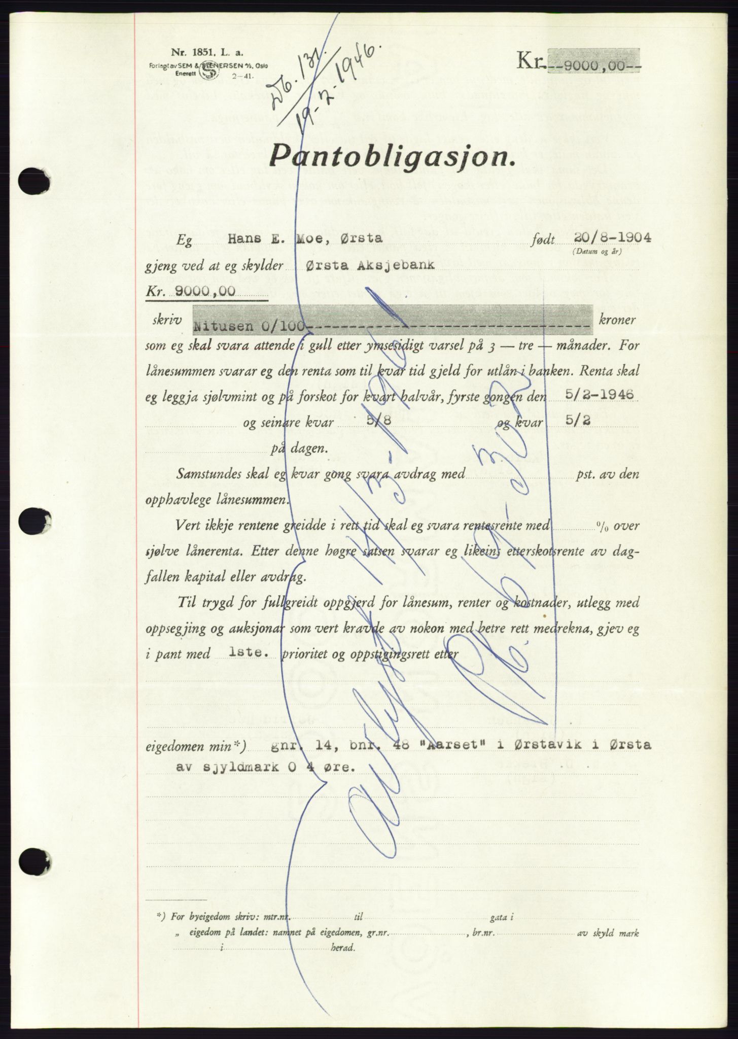 Søre Sunnmøre sorenskriveri, AV/SAT-A-4122/1/2/2C/L0114: Pantebok nr. 1-2B, 1943-1947, Dagboknr: 131/1946