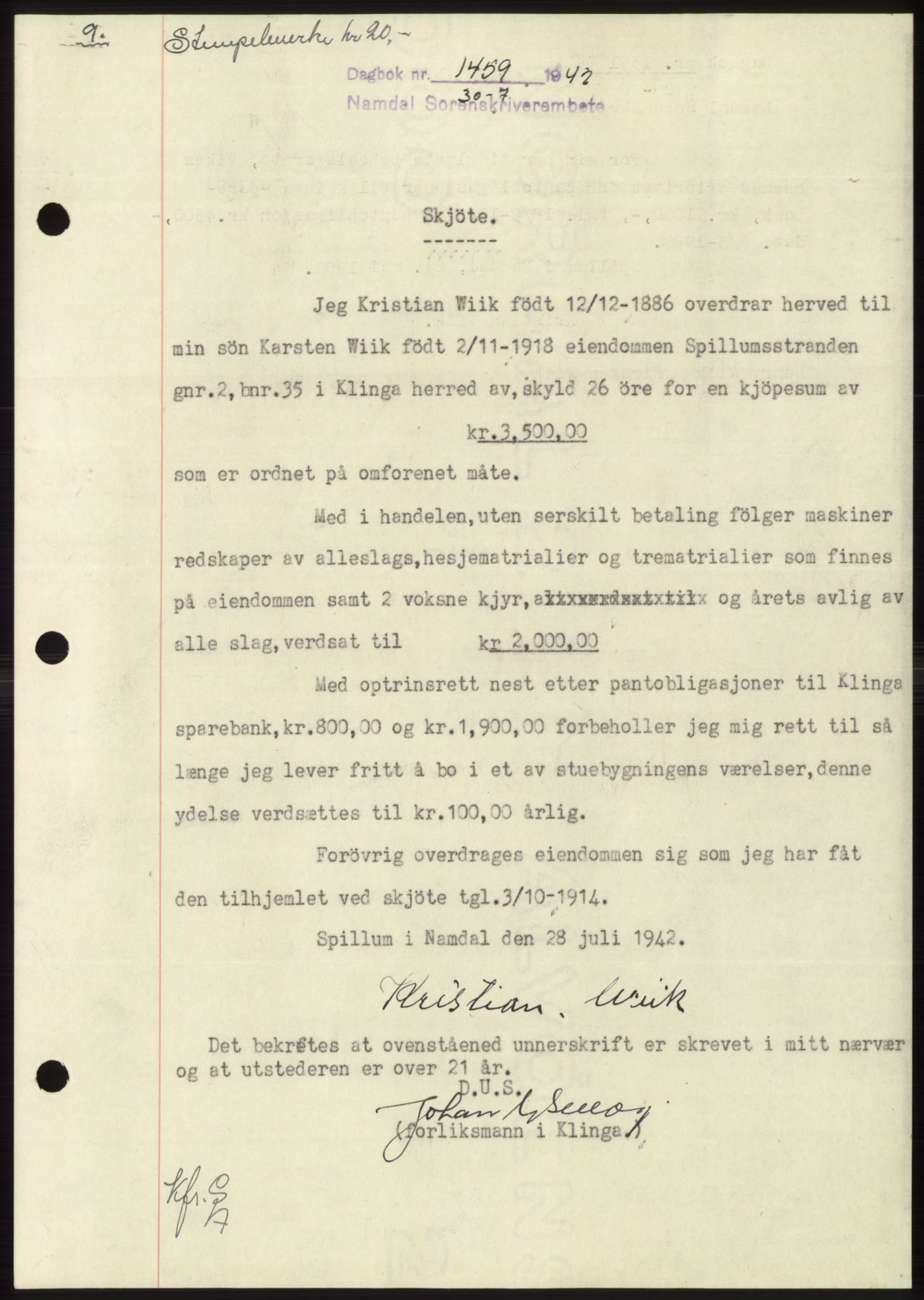 Namdal sorenskriveri, SAT/A-4133/1/2/2C: Pantebok nr. -, 1942-1943, Dagboknr: 1459/1942