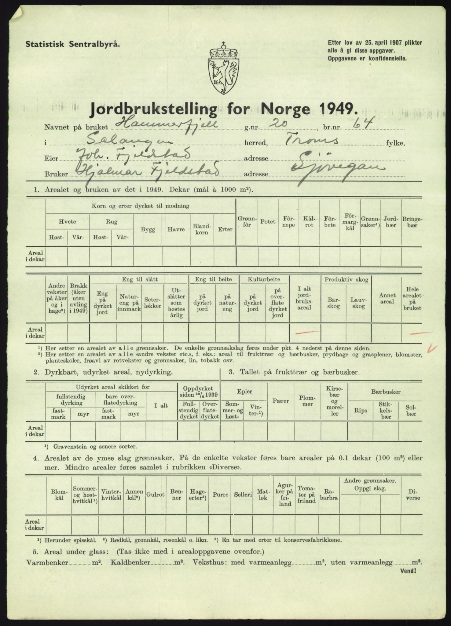 Statistisk sentralbyrå, Næringsøkonomiske emner, Jordbruk, skogbruk, jakt, fiske og fangst, AV/RA-S-2234/G/Gc/L0438: Troms: Salangen og Bardu, 1949, s. 13