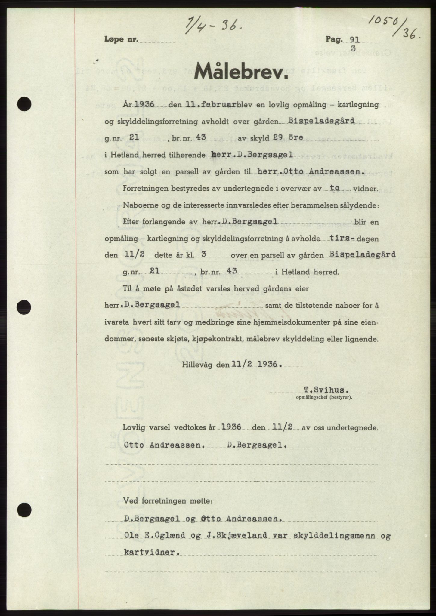 Jæren sorenskriveri, SAST/A-100310/03/G/Gba/L0065: Pantebok nr. 71, 1936-1936, Dagboknr: 1050/1936