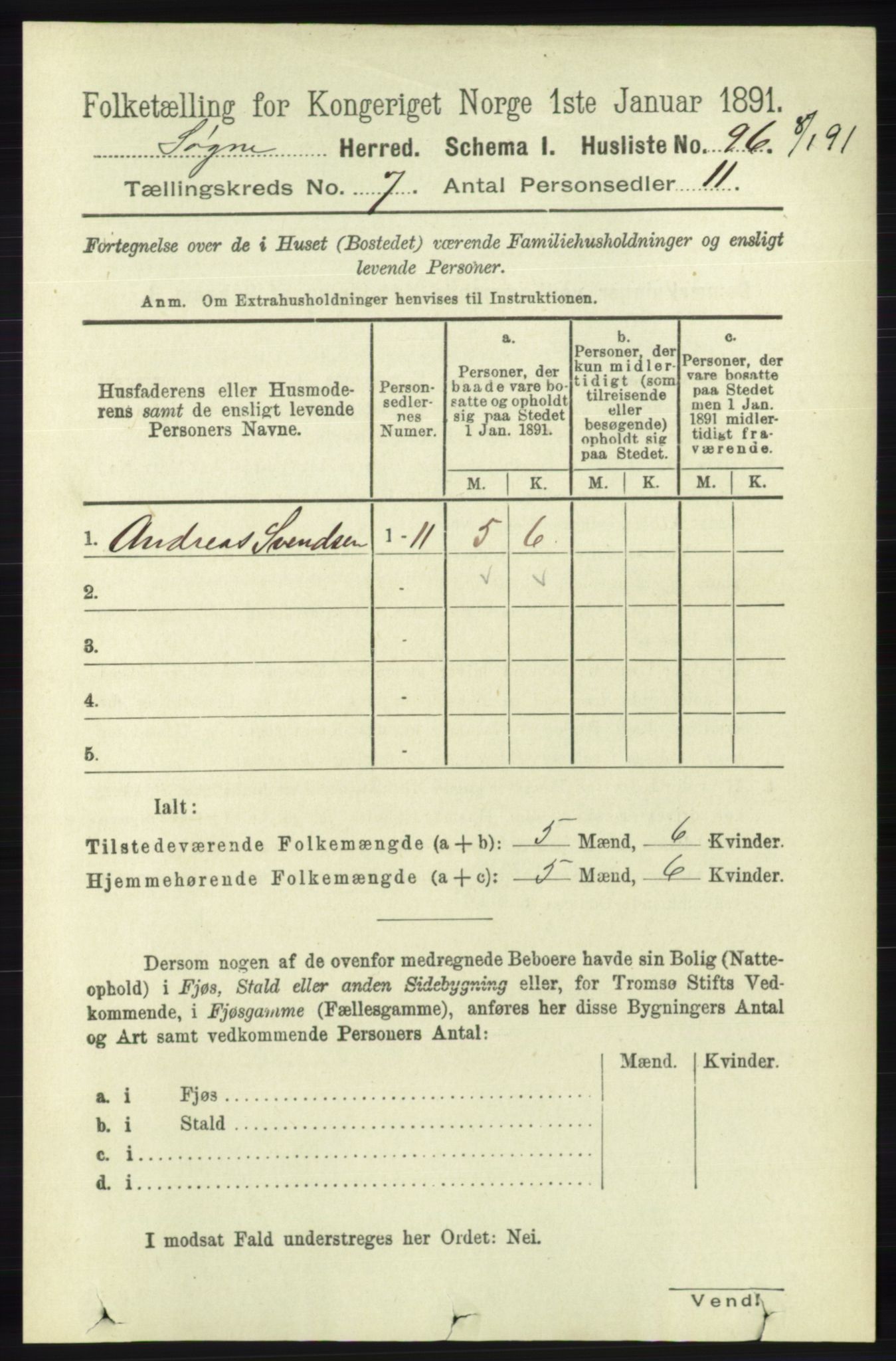 RA, Folketelling 1891 for 1018 Søgne herred, 1891, s. 1519