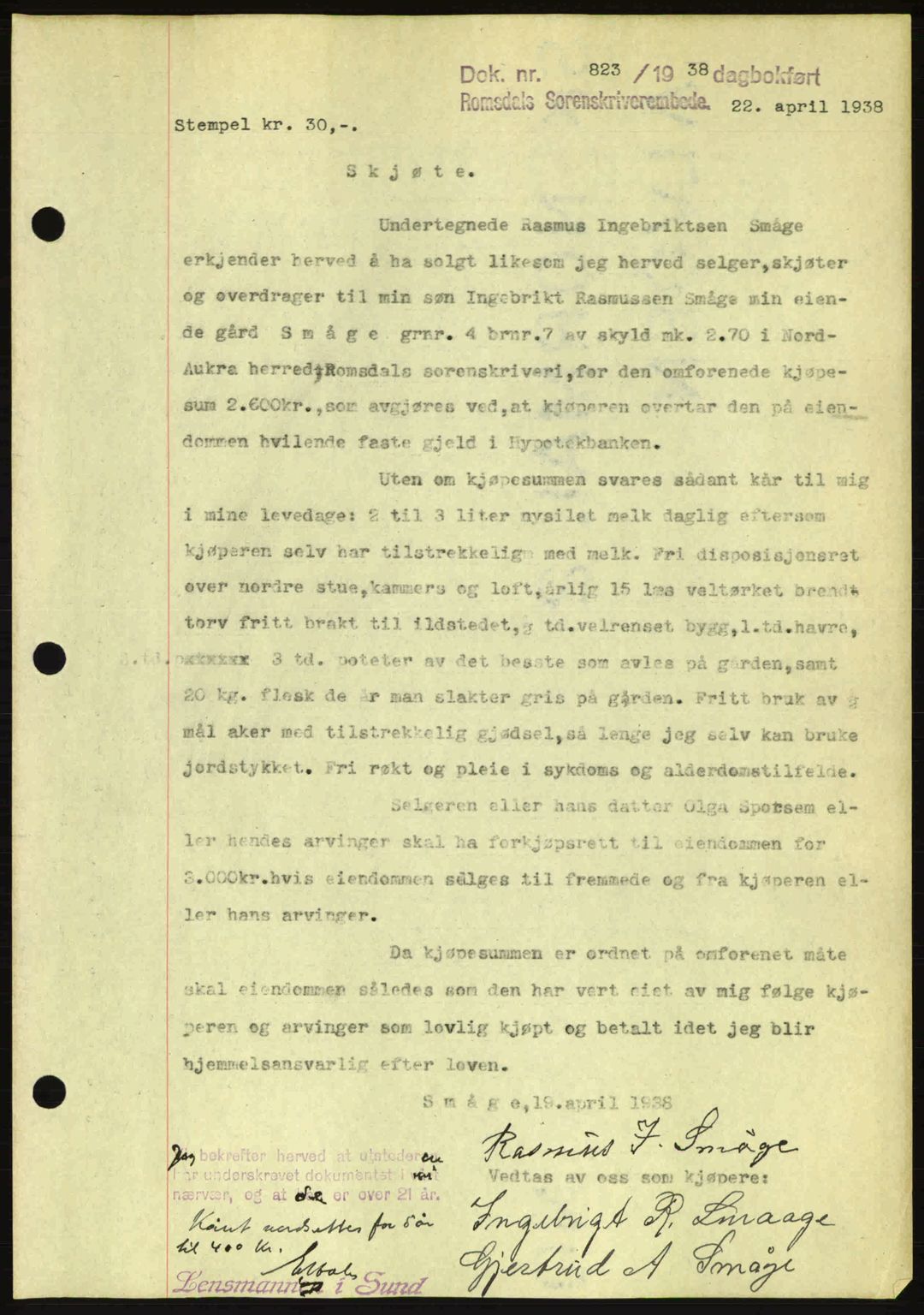Romsdal sorenskriveri, SAT/A-4149/1/2/2C: Pantebok nr. A5, 1938-1938, Dagboknr: 823/1938