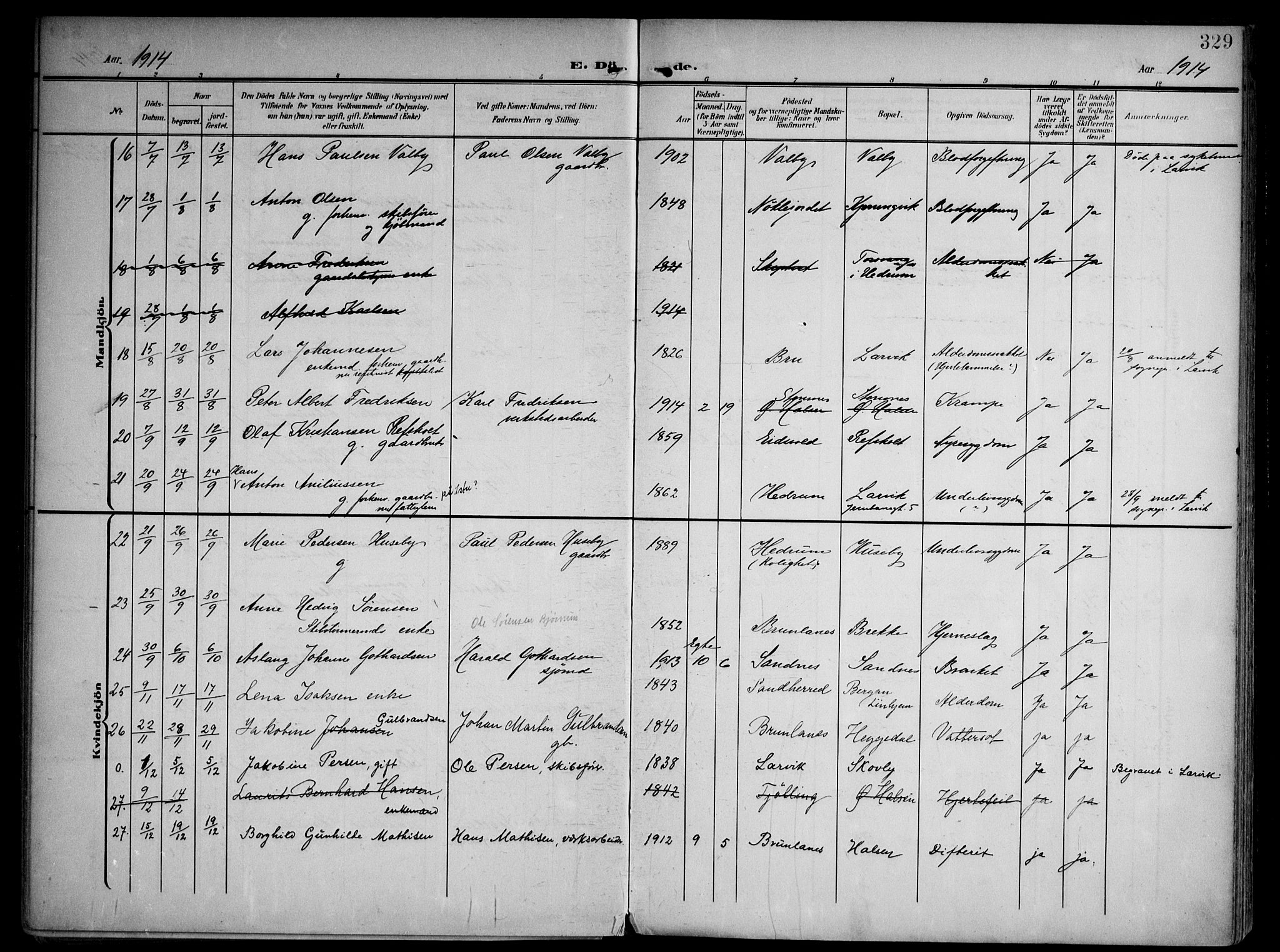 Tjølling kirkebøker, AV/SAKO-A-60/F/Fa/L0010: Ministerialbok nr. 10, 1906-1923, s. 329