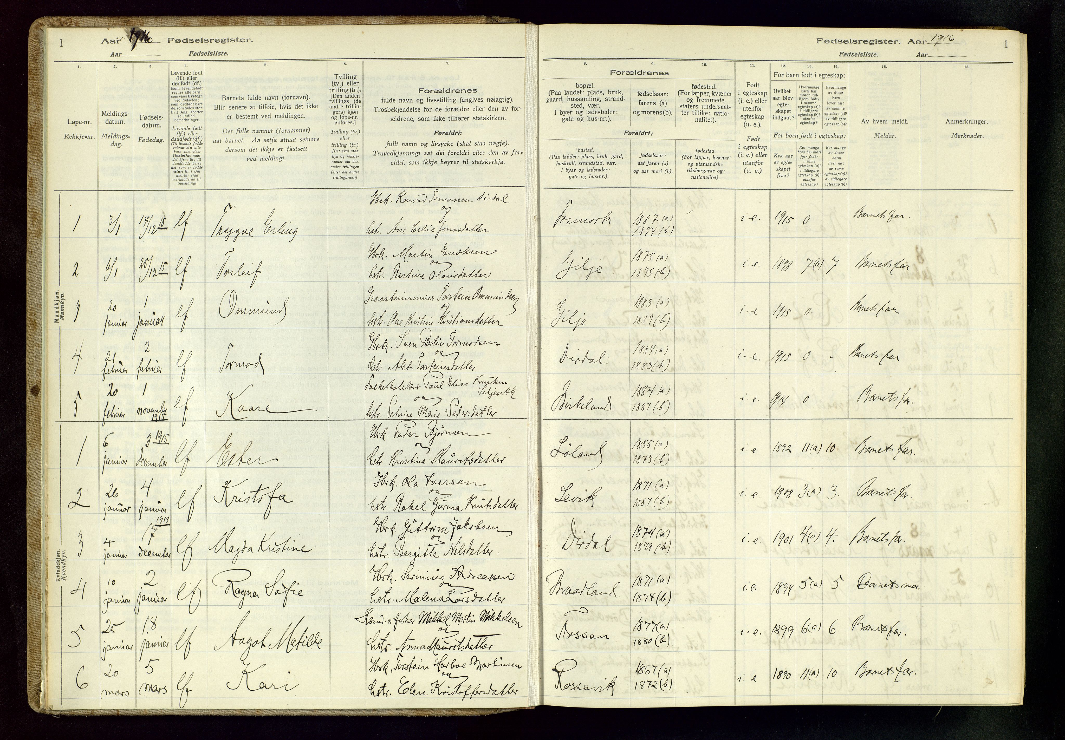 Høgsfjord sokneprestkontor, SAST/A-101624/I/Id/L0002: Fødselsregister nr. 2, 1916-1959, s. 1