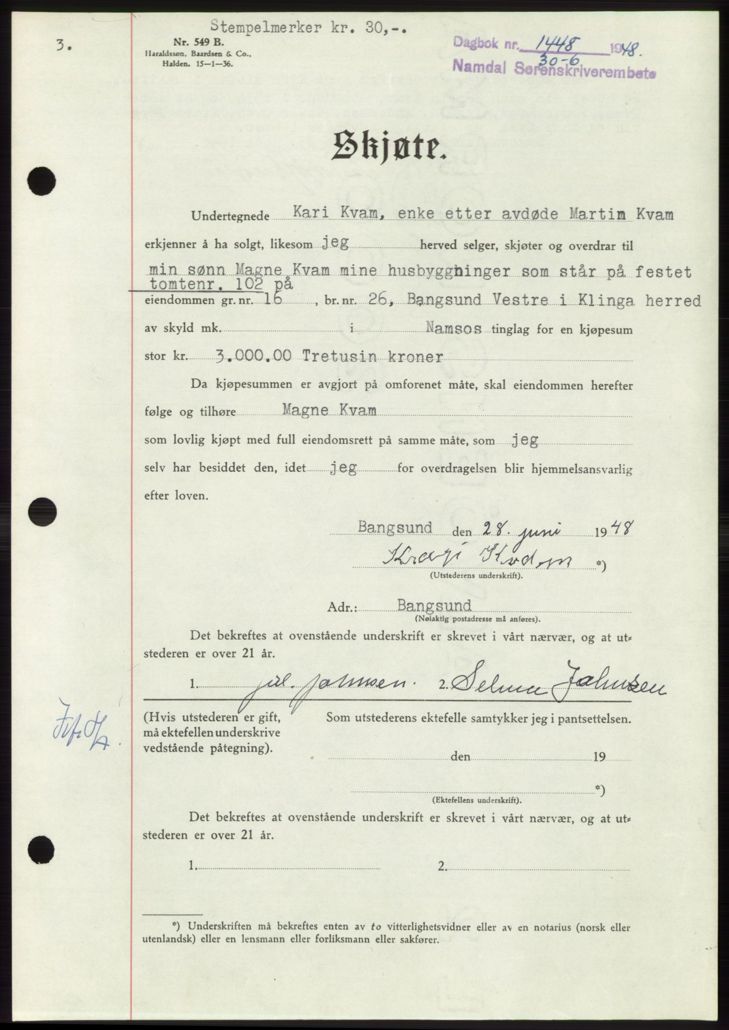 Namdal sorenskriveri, SAT/A-4133/1/2/2C: Pantebok nr. -, 1948-1948, Dagboknr: 1448/1948